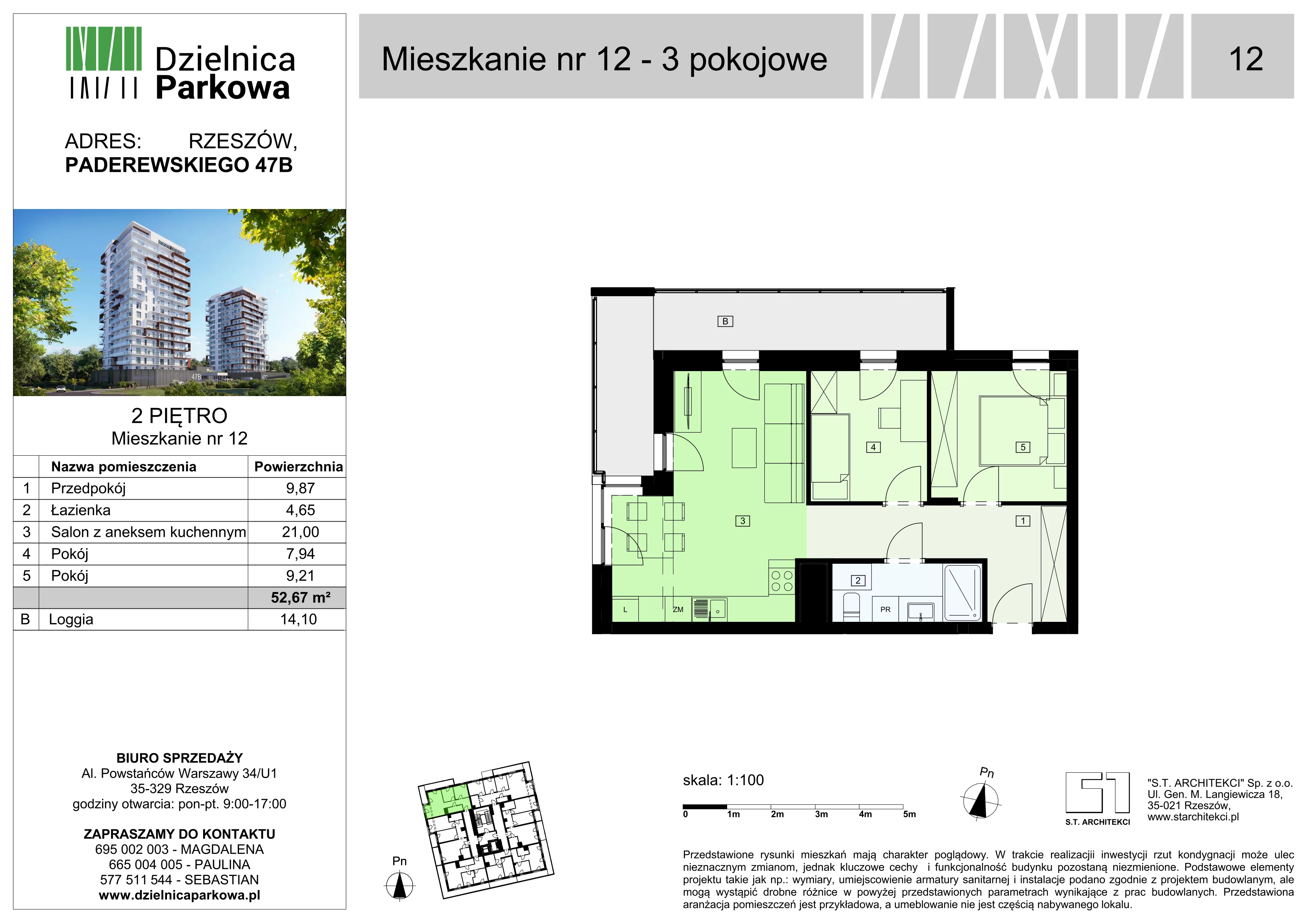 3 pokoje, mieszkanie 52,67 m², piętro 2, oferta nr 12/B7, Dzielnica Parkowa, Rzeszów, Słocina, ul. Ignacego Paderewskiego 47