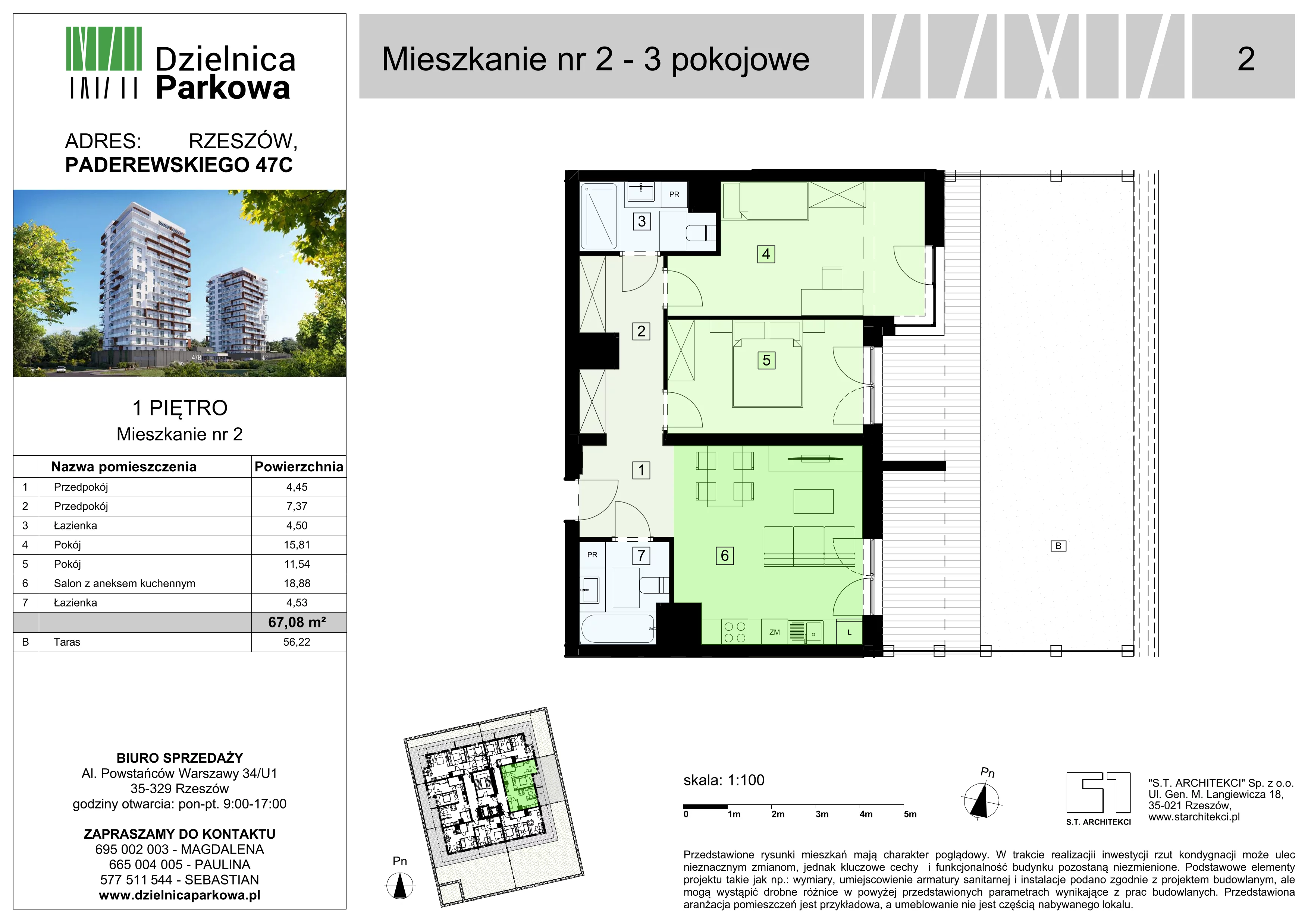 3 pokoje, mieszkanie 67,08 m², piętro 1, oferta nr 2/B8, Dzielnica Parkowa, Rzeszów, Słocina, ul. Ignacego Paderewskiego 47