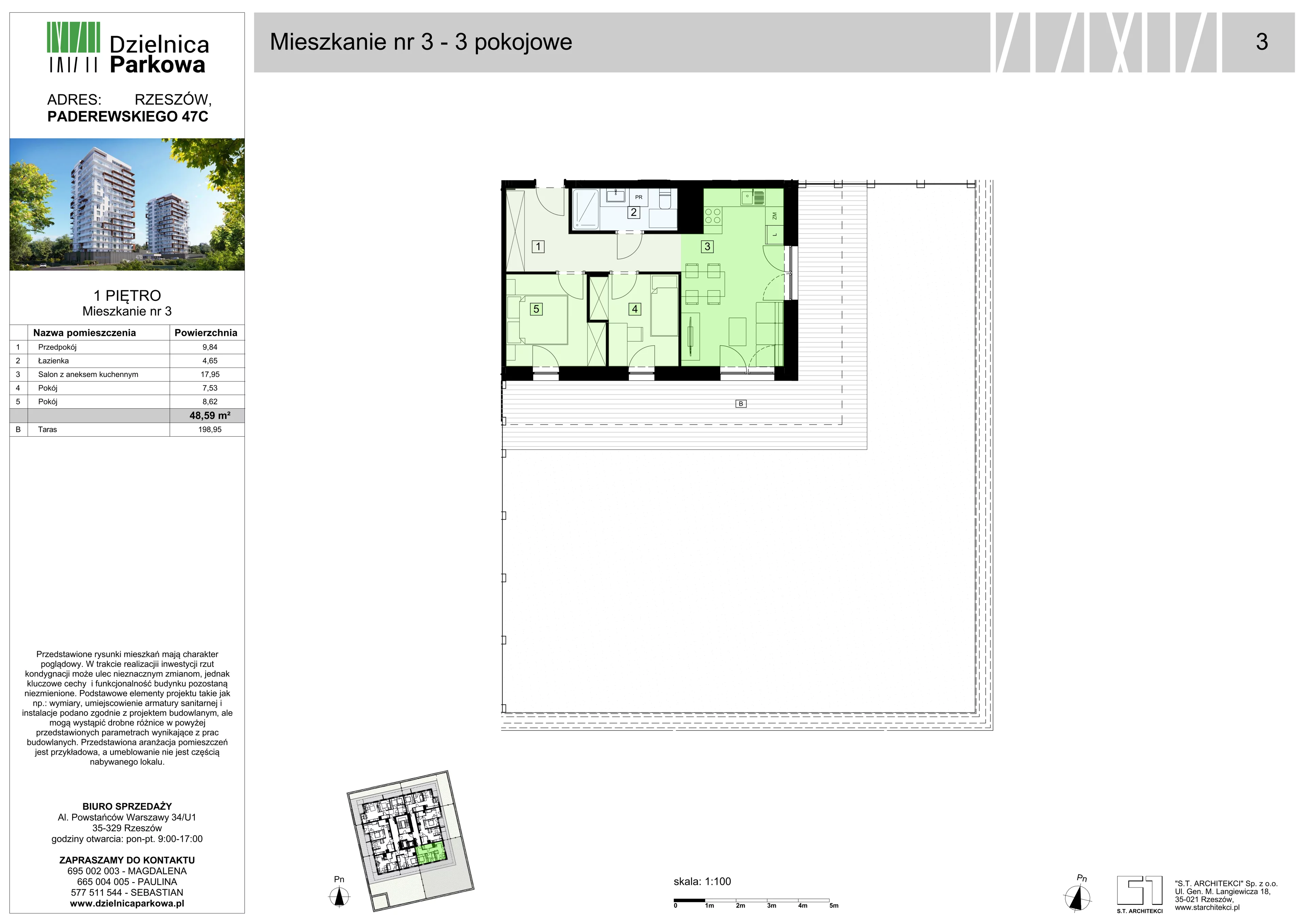 3 pokoje, mieszkanie 48,59 m², piętro 1, oferta nr 3/B8, Dzielnica Parkowa, Rzeszów, Słocina, ul. Ignacego Paderewskiego 47