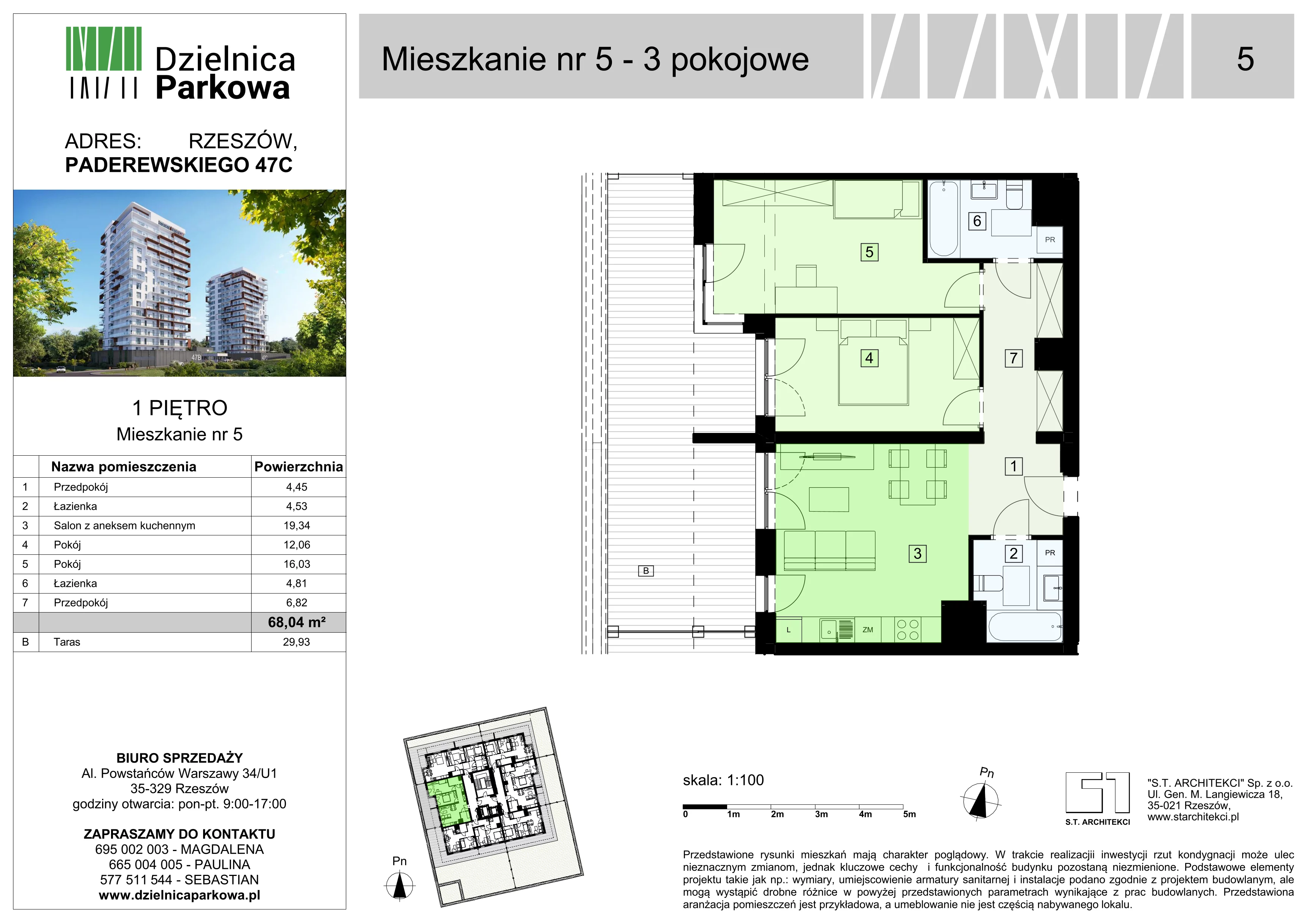 3 pokoje, mieszkanie 68,04 m², piętro 1, oferta nr 5/B8, Dzielnica Parkowa, Rzeszów, Słocina, ul. Ignacego Paderewskiego 47