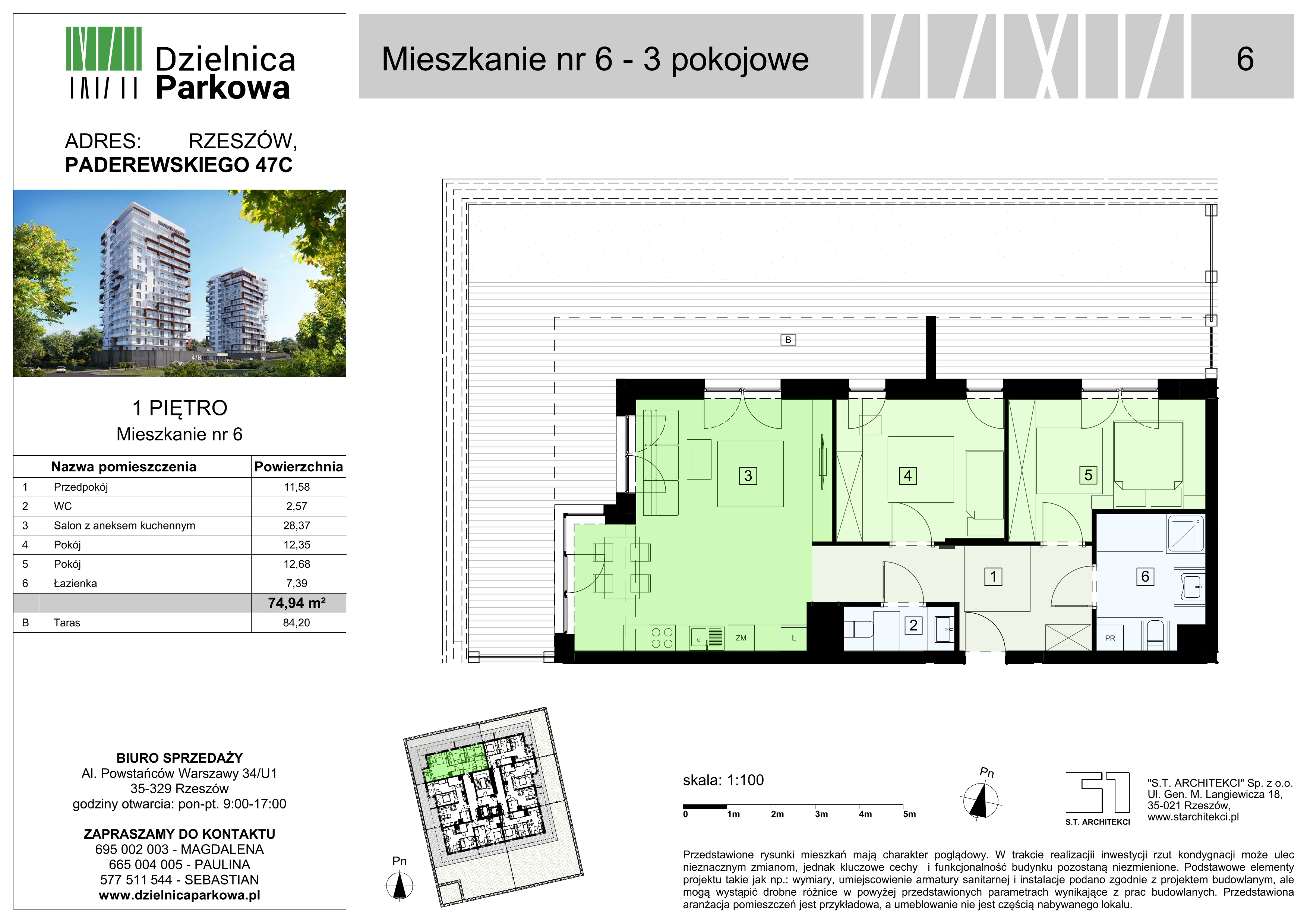 3 pokoje, mieszkanie 74,94 m², piętro 1, oferta nr 6/B8, Dzielnica Parkowa, Rzeszów, Słocina, ul. Ignacego Paderewskiego 47