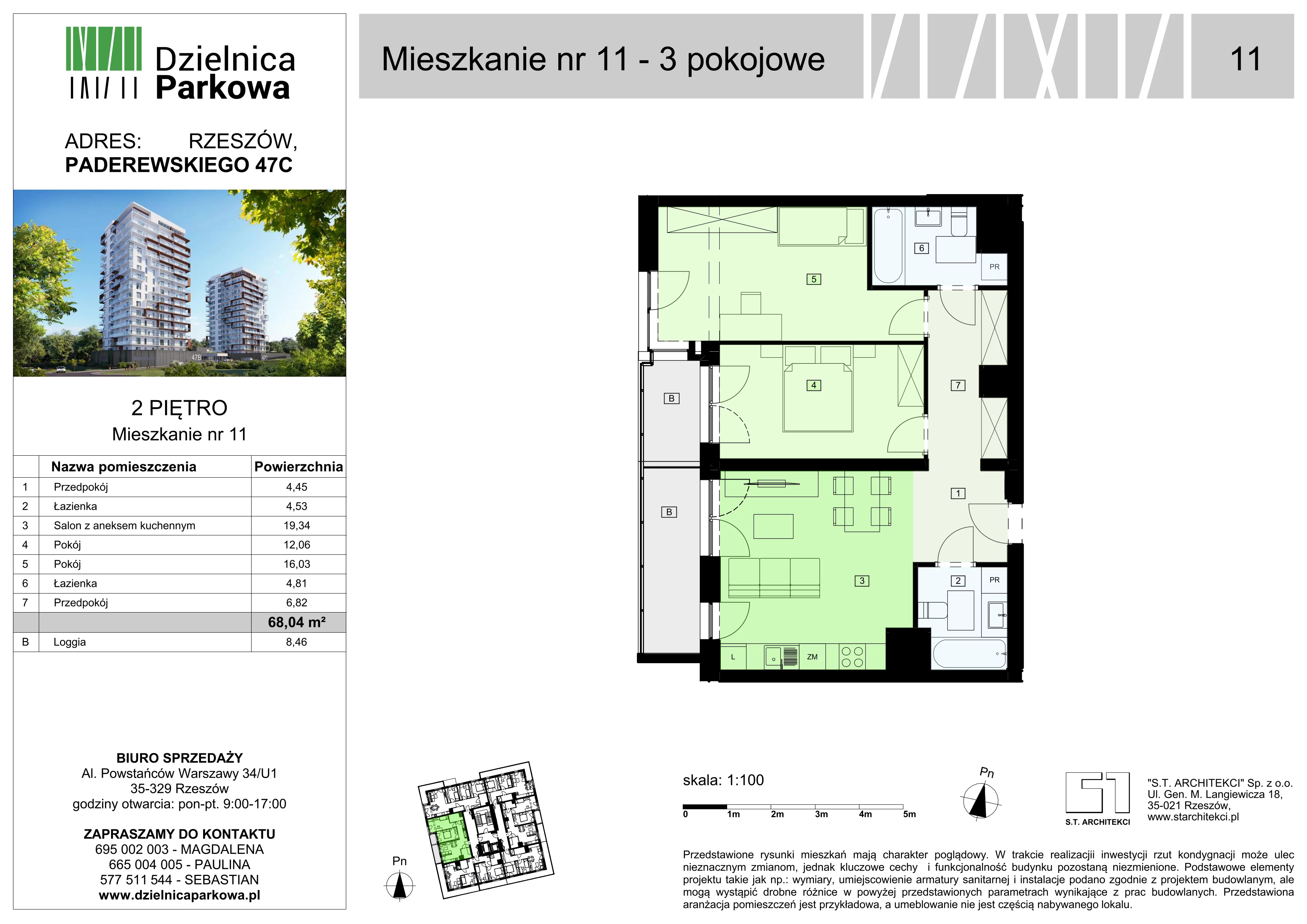 3 pokoje, mieszkanie 68,04 m², piętro 2, oferta nr 11/B8, Dzielnica Parkowa, Rzeszów, Słocina, ul. Ignacego Paderewskiego 47
