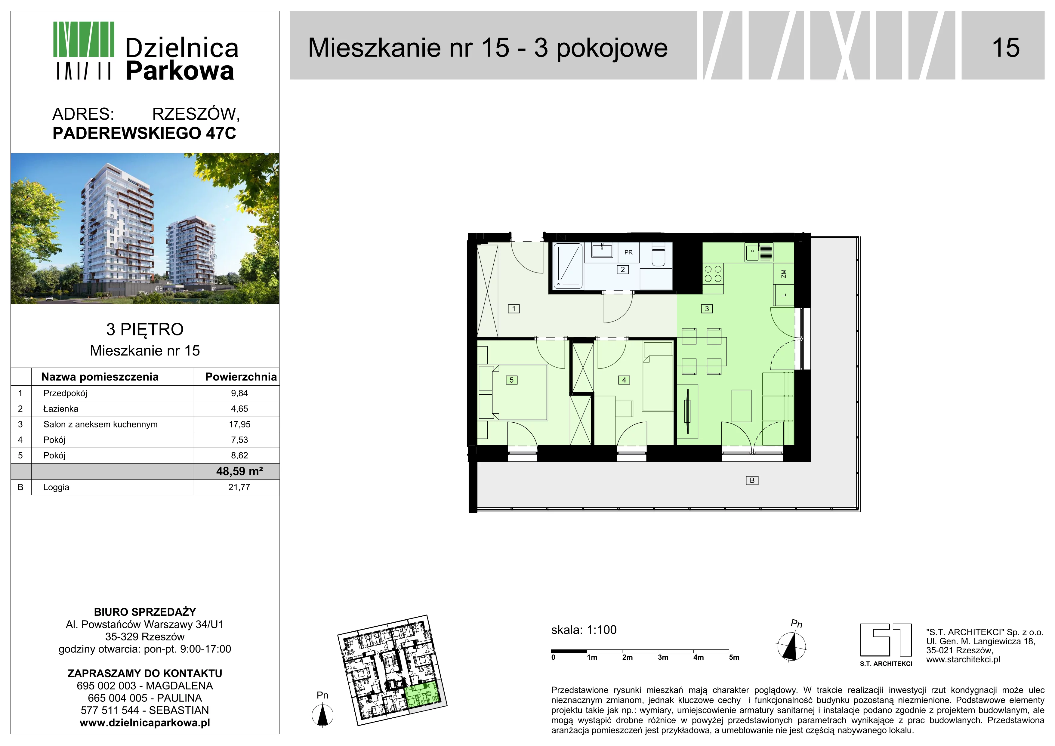3 pokoje, mieszkanie 48,59 m², piętro 3, oferta nr 15/B8, Dzielnica Parkowa, Rzeszów, Słocina, ul. Ignacego Paderewskiego 47
