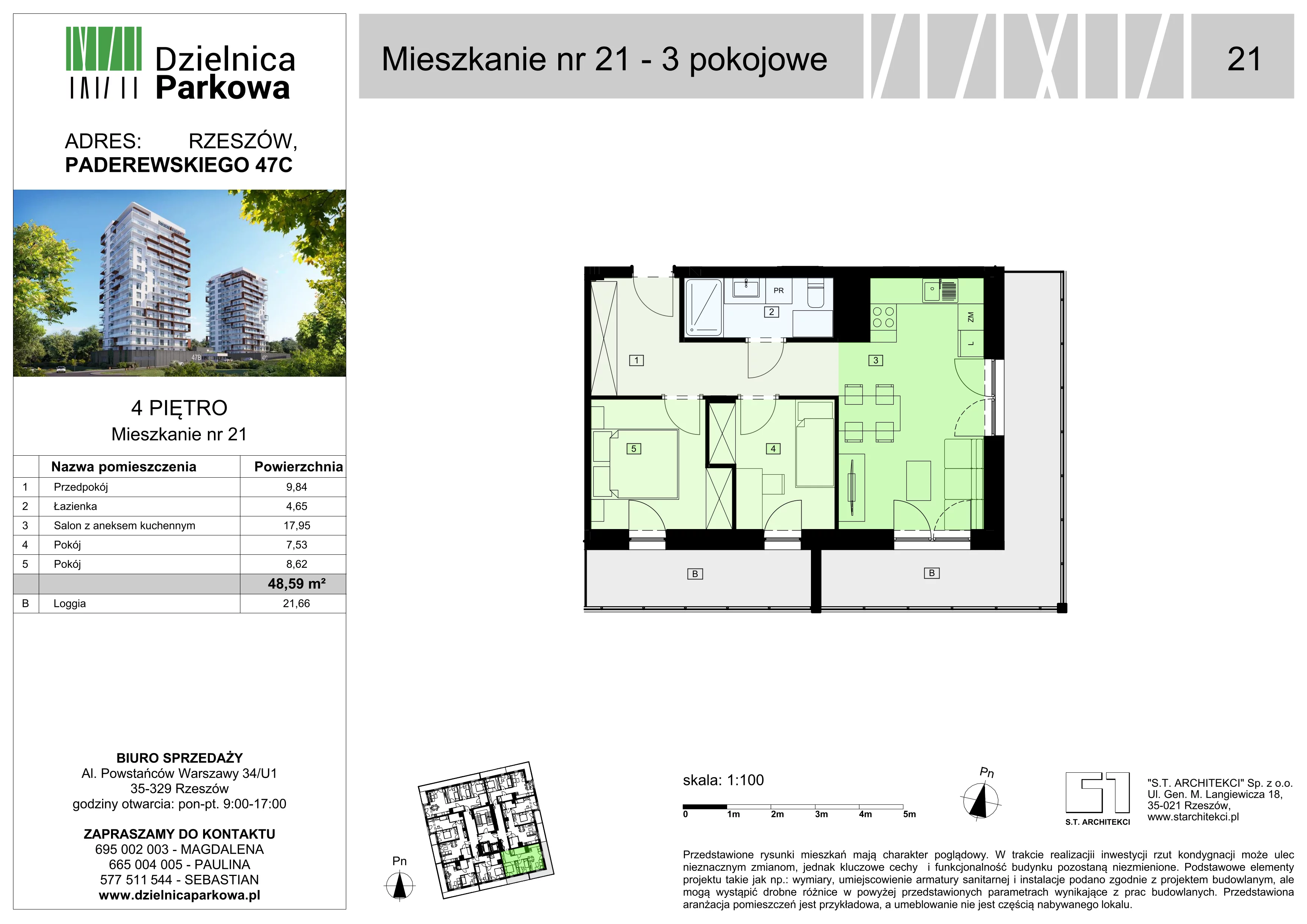 3 pokoje, mieszkanie 48,59 m², piętro 4, oferta nr 21/B8, Dzielnica Parkowa, Rzeszów, Słocina, ul. Ignacego Paderewskiego 47