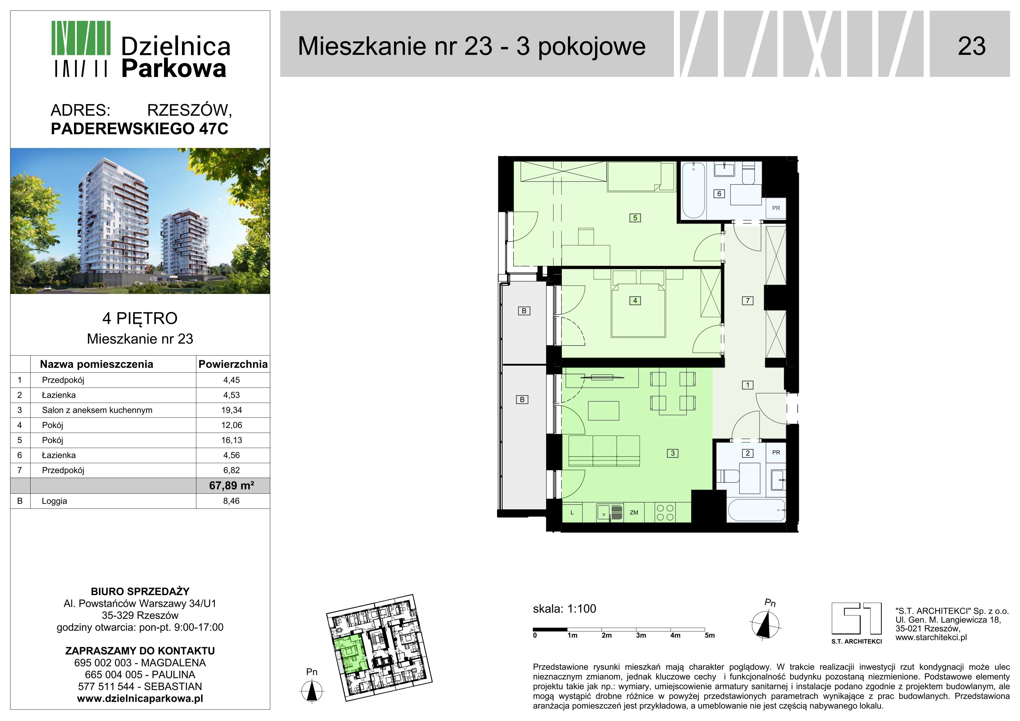 3 pokoje, mieszkanie 67,89 m², piętro 4, oferta nr 23/B8, Dzielnica Parkowa, Rzeszów, Słocina, ul. Ignacego Paderewskiego 47