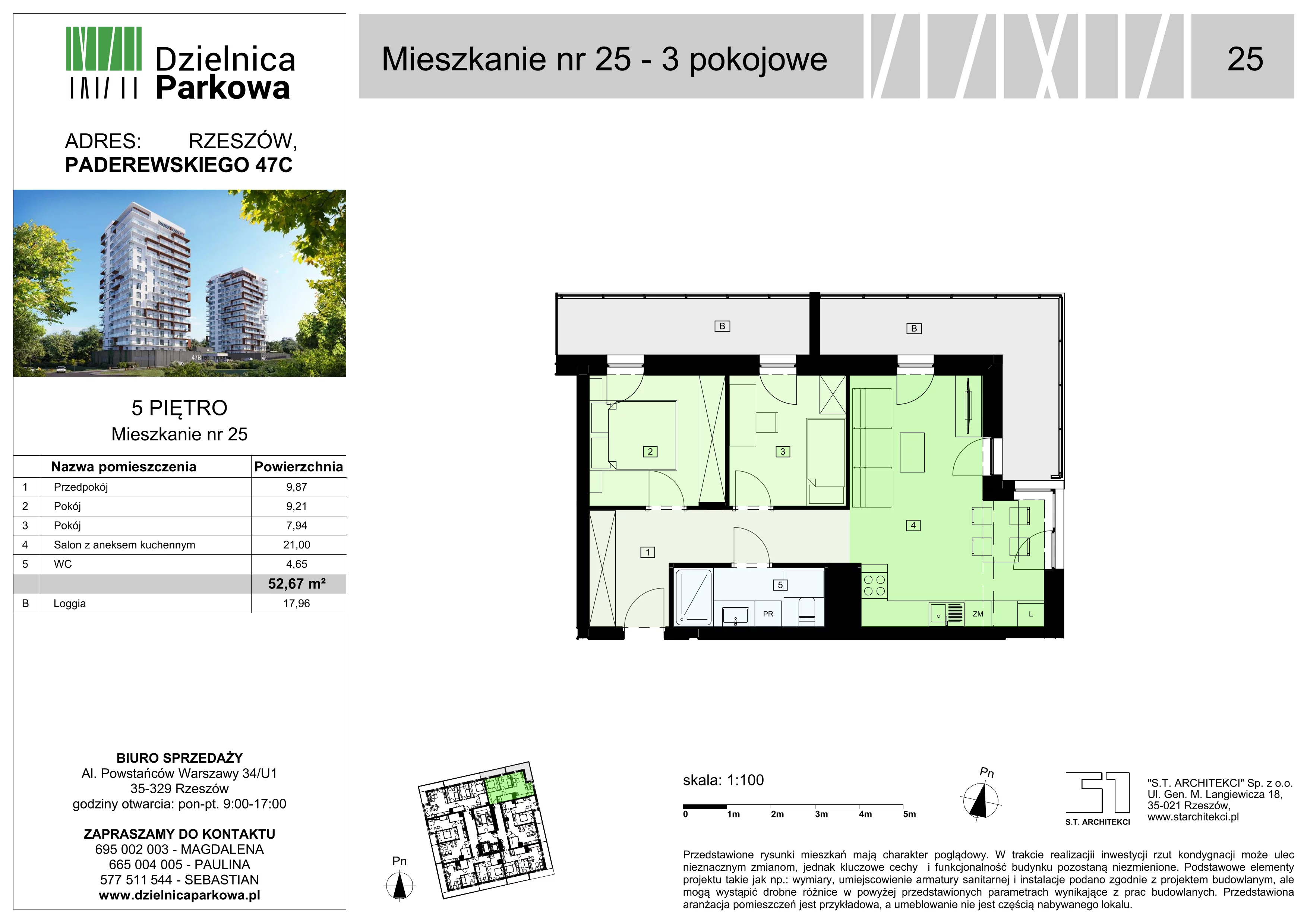 3 pokoje, mieszkanie 52,67 m², piętro 5, oferta nr 25/B8, Dzielnica Parkowa, Rzeszów, Słocina, ul. Ignacego Paderewskiego 47