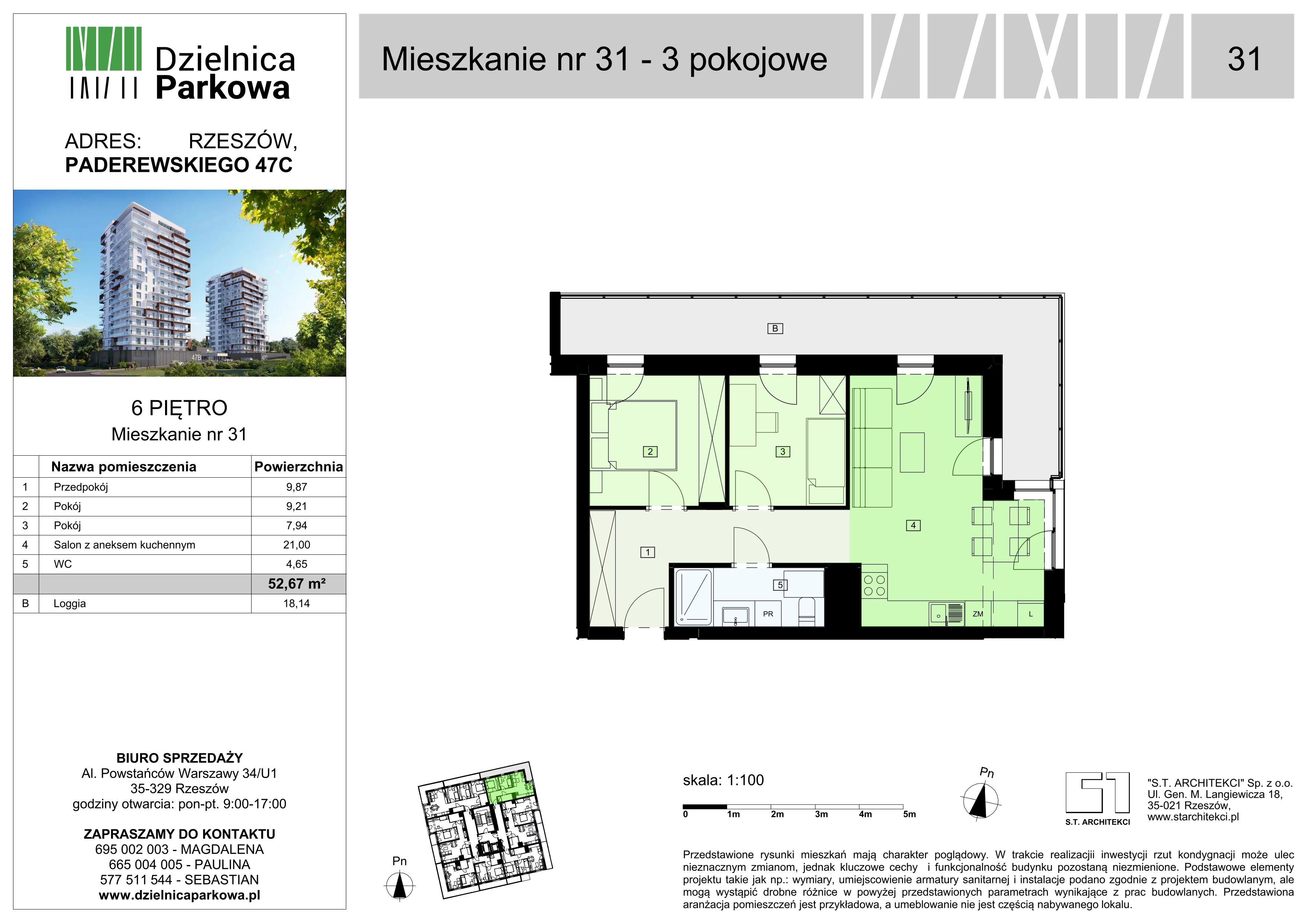 3 pokoje, mieszkanie 52,67 m², piętro 6, oferta nr 31/B8, Dzielnica Parkowa, Rzeszów, Słocina, ul. Ignacego Paderewskiego 47
