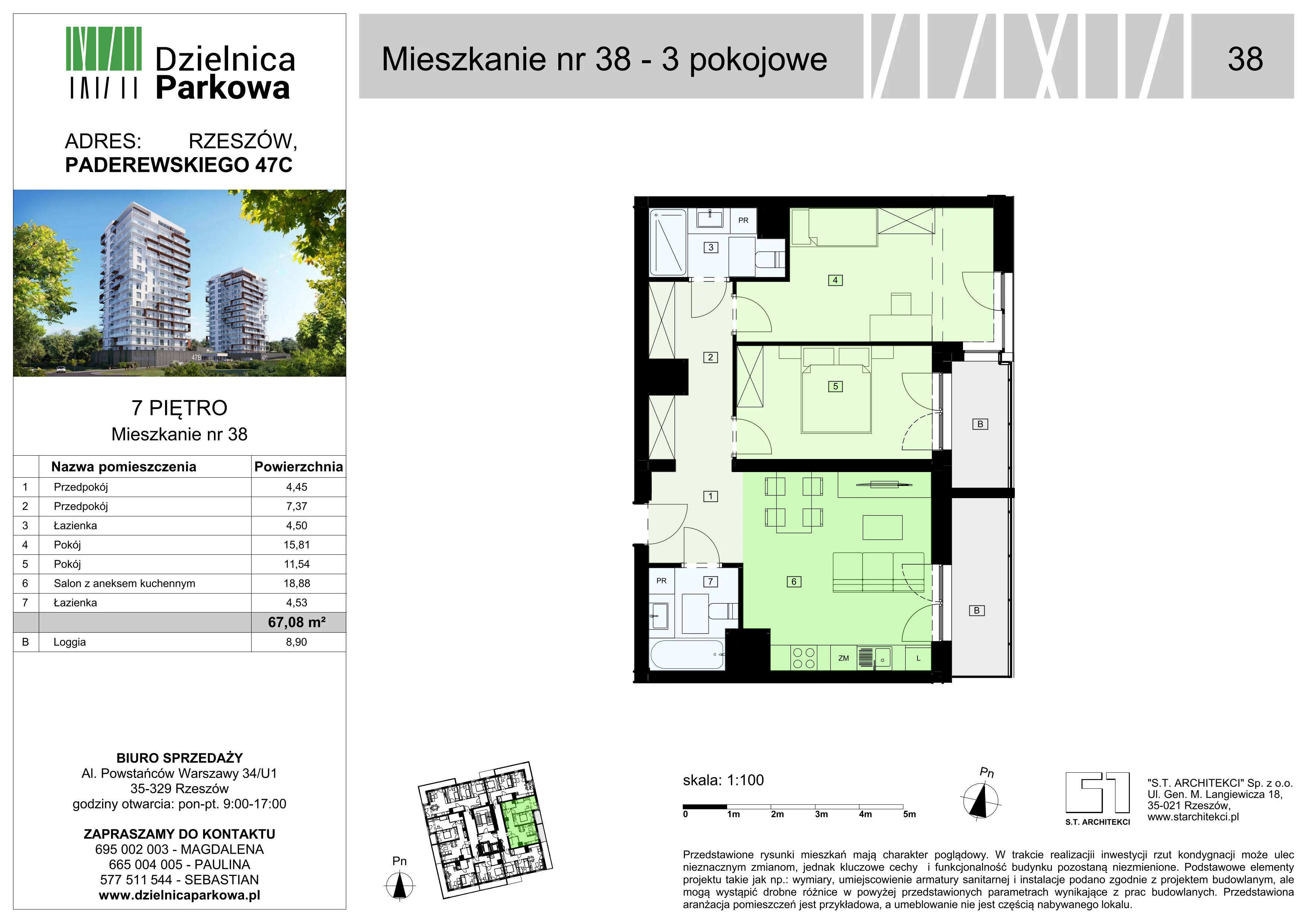 3 pokoje, mieszkanie 67,08 m², piętro 7, oferta nr 38/B8, Dzielnica Parkowa, Rzeszów, Słocina, ul. Ignacego Paderewskiego 47