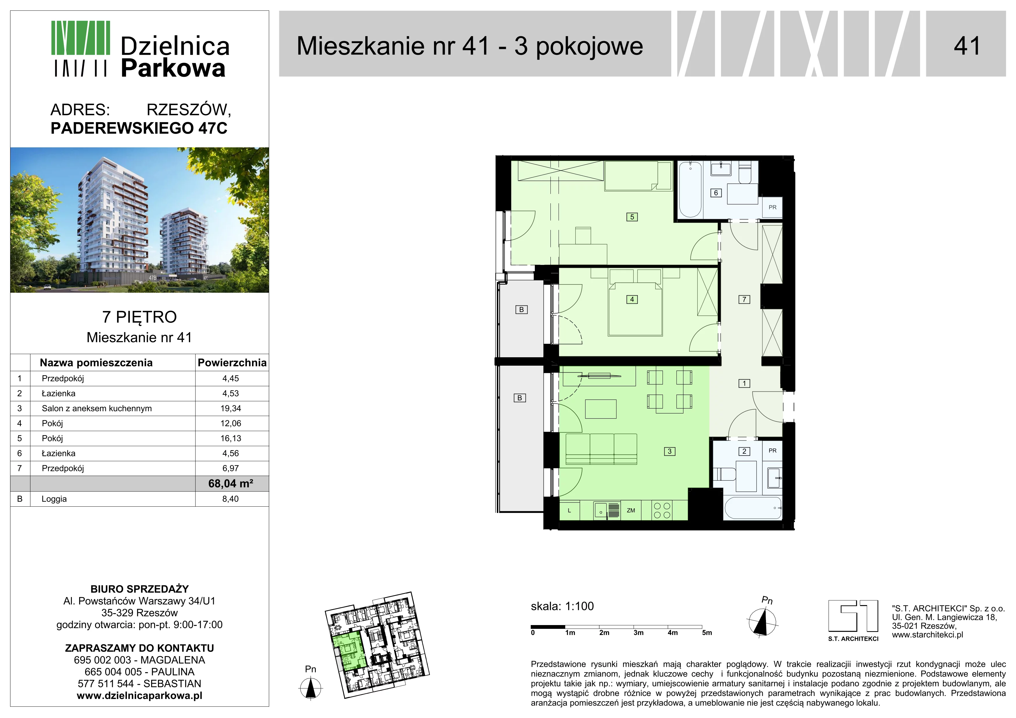 3 pokoje, mieszkanie 68,04 m², piętro 7, oferta nr 41/B8, Dzielnica Parkowa, Rzeszów, Słocina, ul. Ignacego Paderewskiego 47
