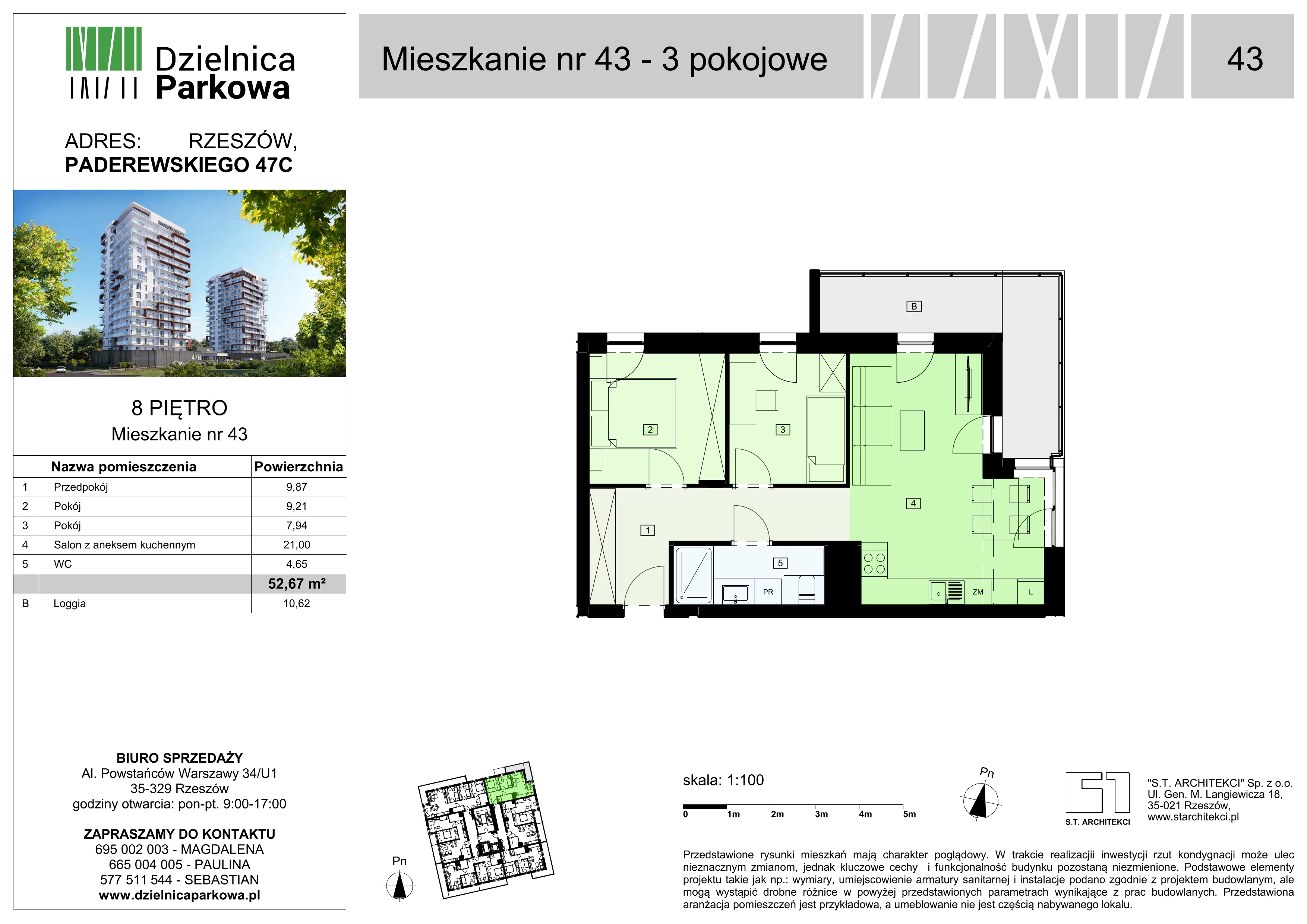 3 pokoje, mieszkanie 52,67 m², piętro 8, oferta nr 43/B8, Dzielnica Parkowa, Rzeszów, Słocina, ul. Ignacego Paderewskiego 47