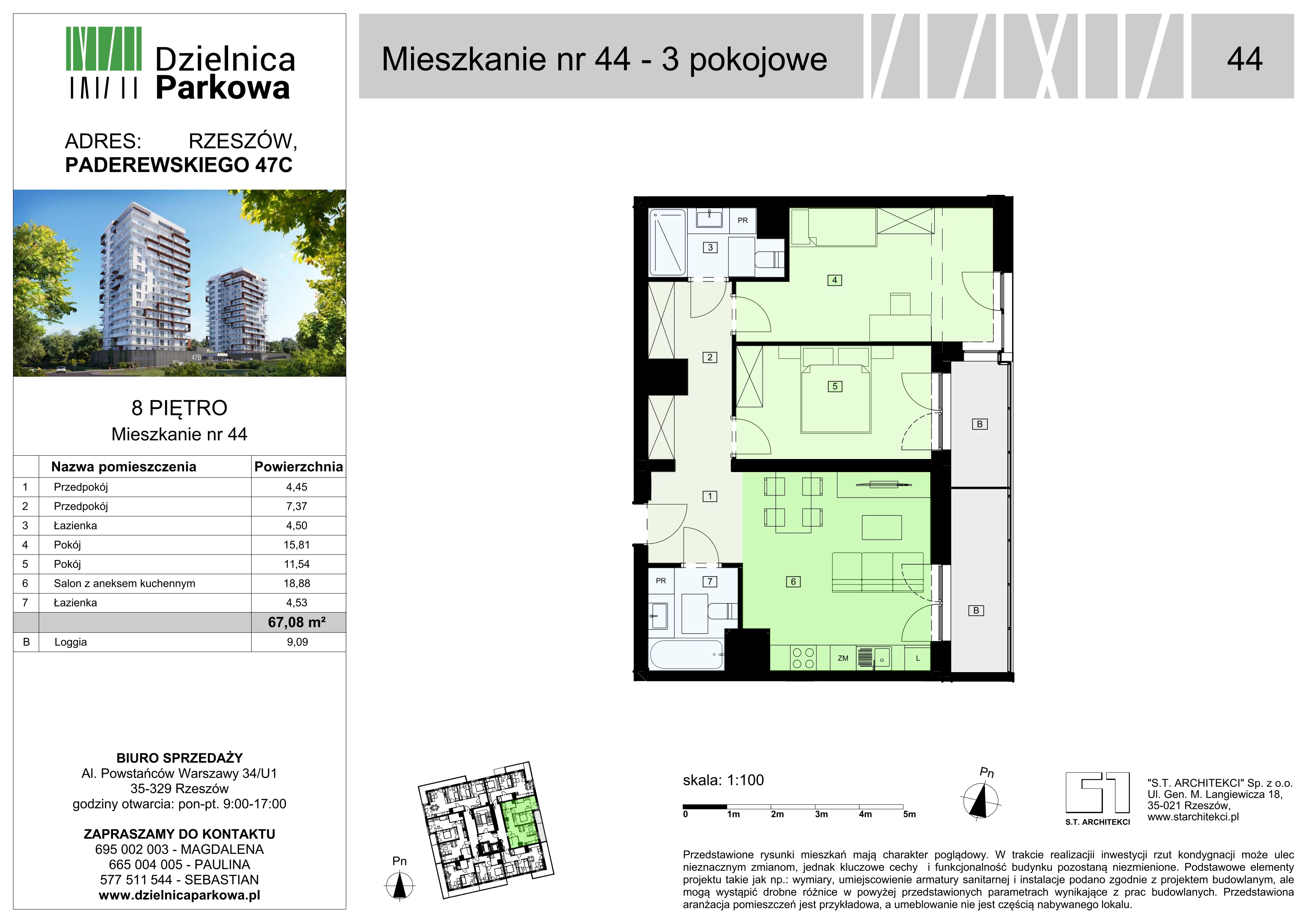 3 pokoje, mieszkanie 67,08 m², piętro 8, oferta nr 44/B8, Dzielnica Parkowa, Rzeszów, Słocina, ul. Ignacego Paderewskiego 47