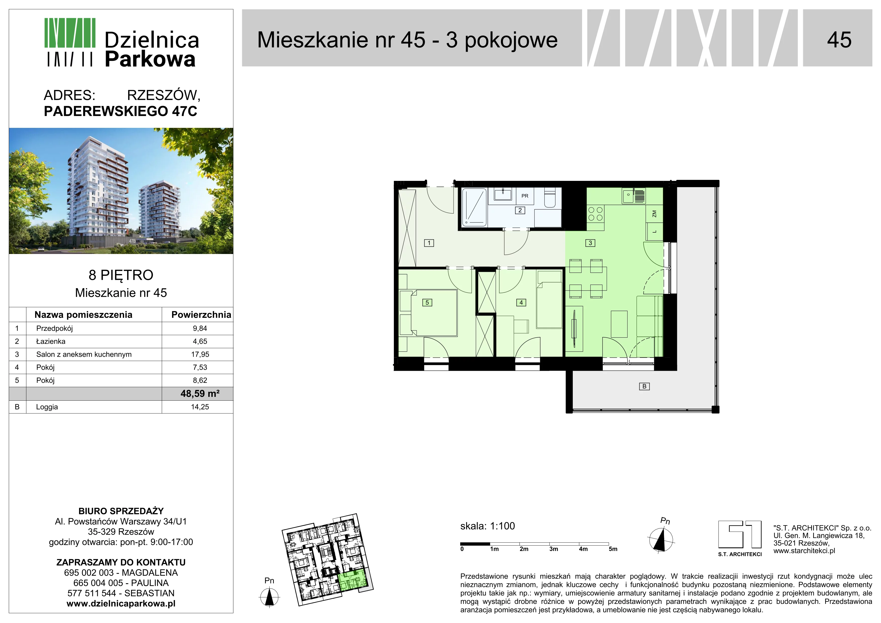 3 pokoje, mieszkanie 48,59 m², piętro 8, oferta nr 45/B8, Dzielnica Parkowa, Rzeszów, Słocina, ul. Ignacego Paderewskiego 47