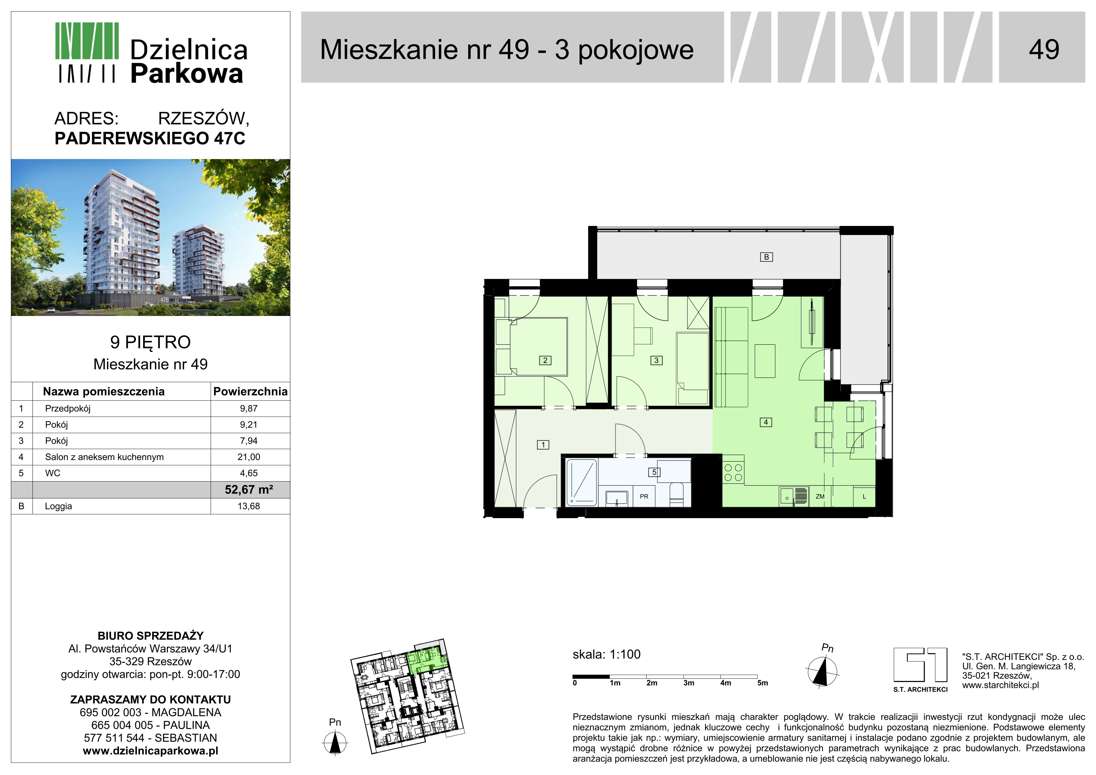 3 pokoje, mieszkanie 52,67 m², piętro 9, oferta nr 49/B8, Dzielnica Parkowa, Rzeszów, Słocina, ul. Ignacego Paderewskiego 47