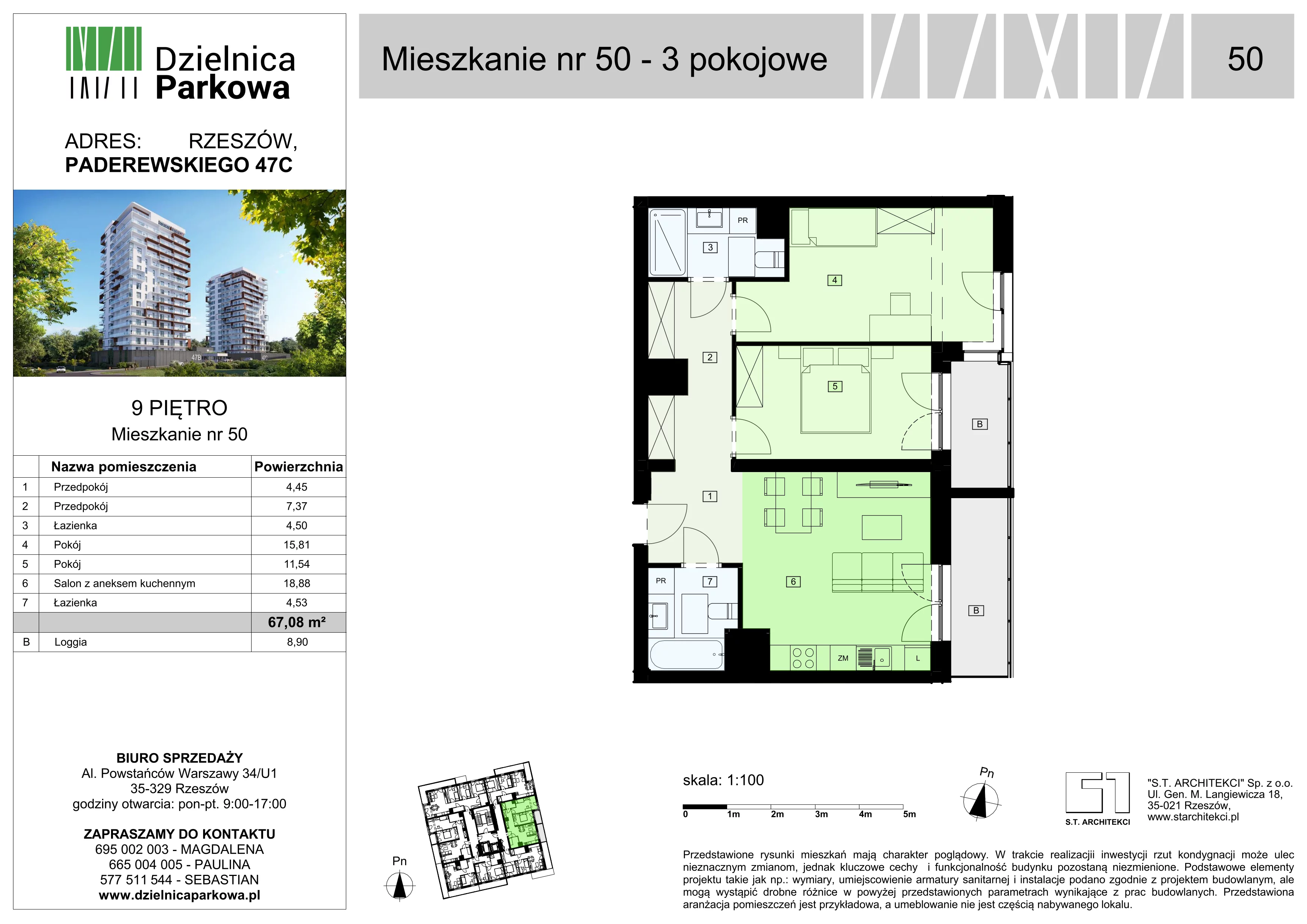 3 pokoje, mieszkanie 67,08 m², piętro 9, oferta nr 50/B8, Dzielnica Parkowa, Rzeszów, Słocina, ul. Ignacego Paderewskiego 47