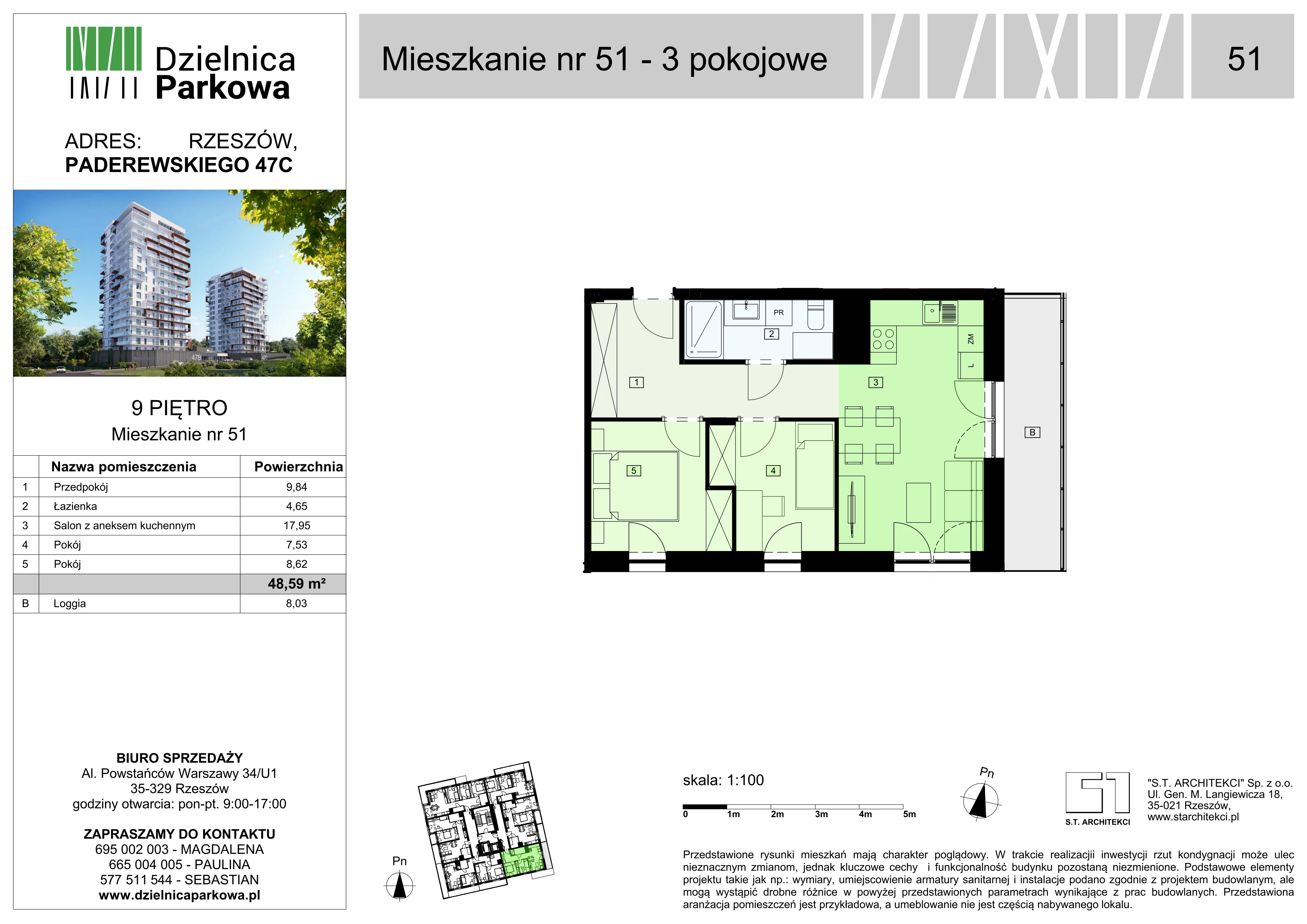 3 pokoje, mieszkanie 48,59 m², piętro 9, oferta nr 51/B8, Dzielnica Parkowa, Rzeszów, Słocina, ul. Ignacego Paderewskiego 47