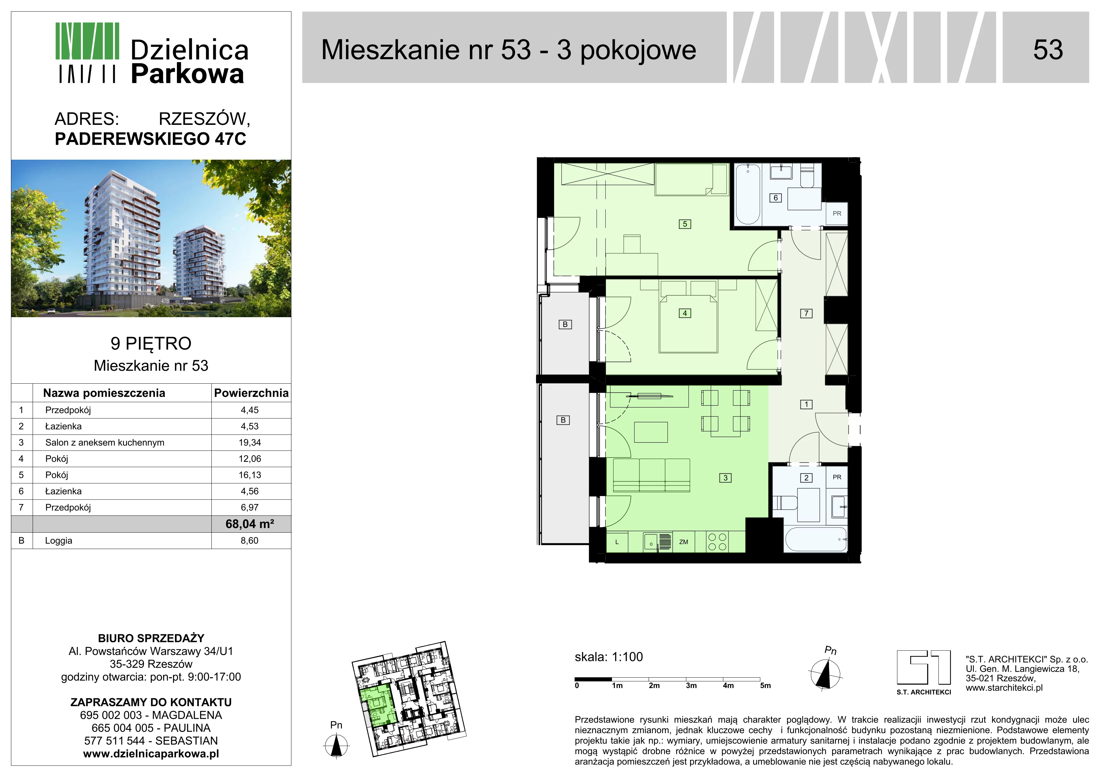 3 pokoje, mieszkanie 68,04 m², piętro 9, oferta nr 53/B8, Dzielnica Parkowa, Rzeszów, Słocina, ul. Ignacego Paderewskiego 47