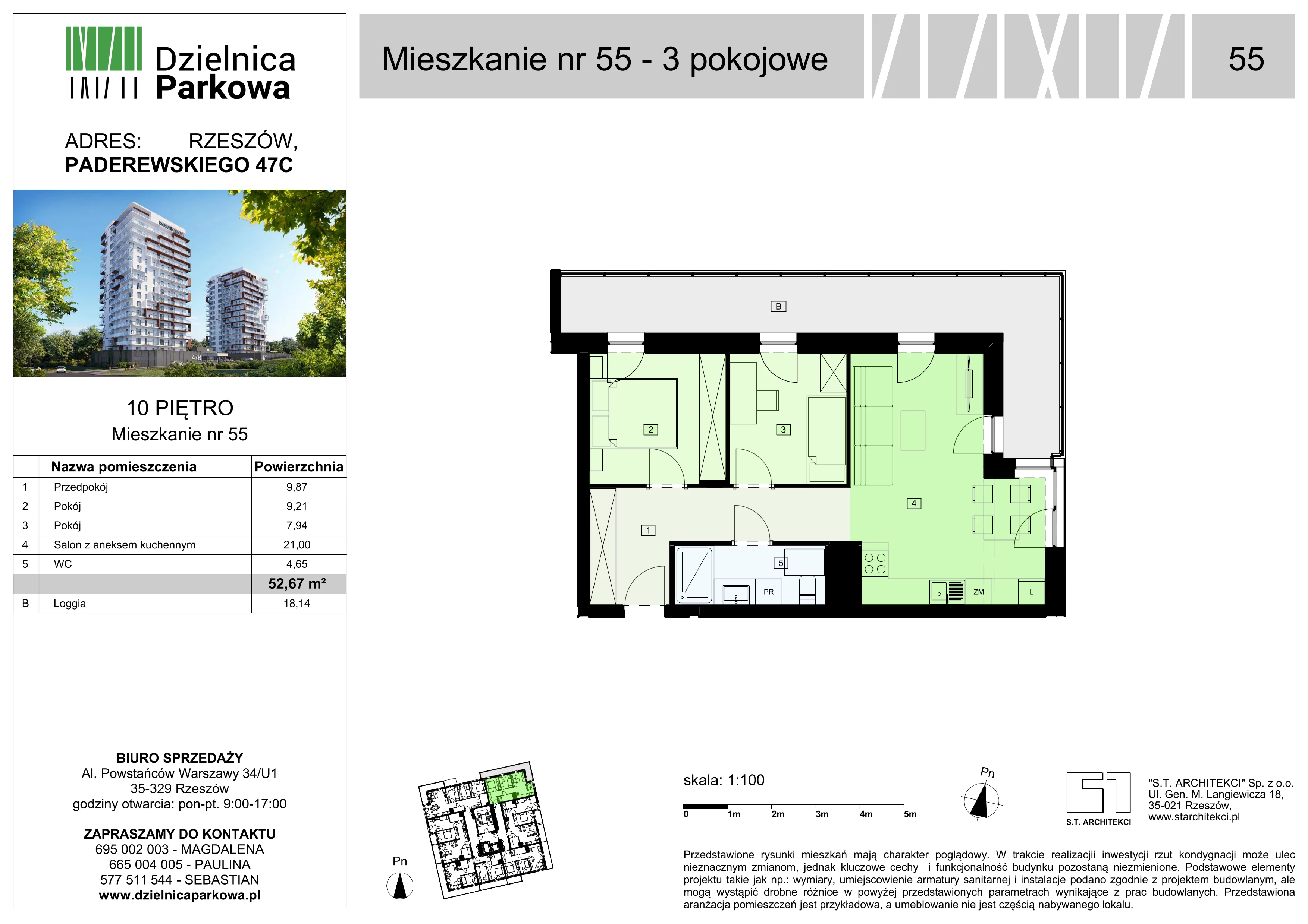3 pokoje, mieszkanie 52,67 m², piętro 10, oferta nr 55/B8, Dzielnica Parkowa, Rzeszów, Słocina, ul. Ignacego Paderewskiego 47