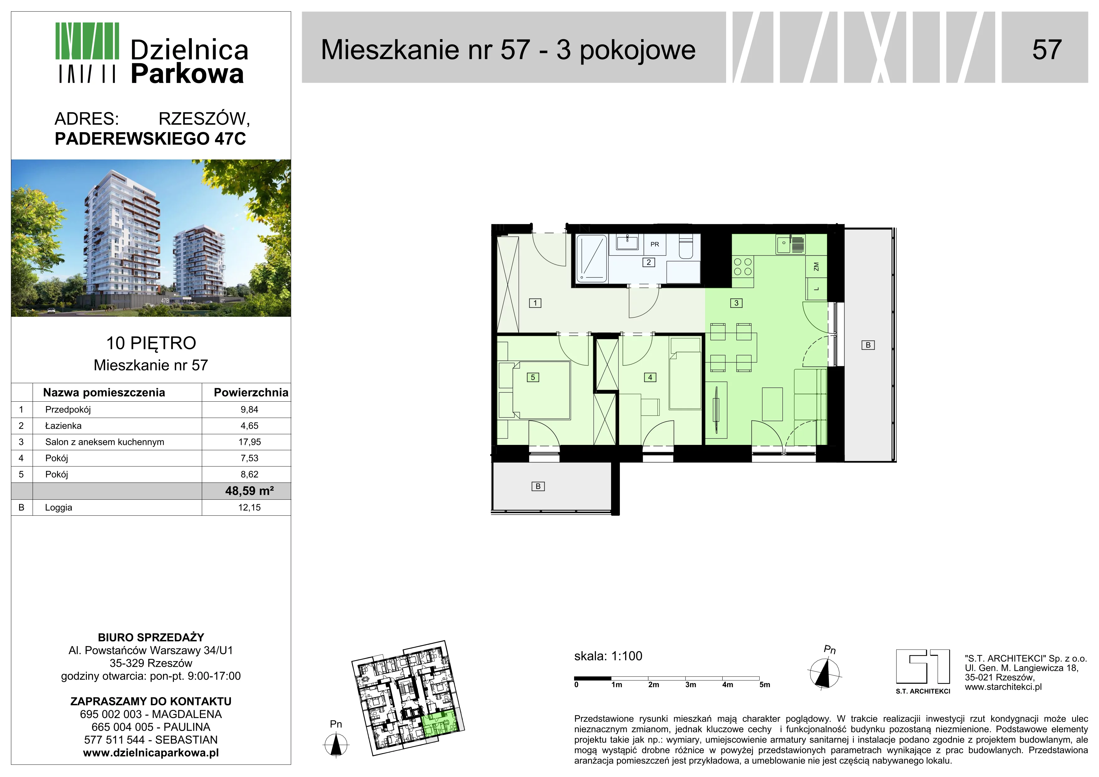 3 pokoje, mieszkanie 48,59 m², piętro 10, oferta nr 57/B8, Dzielnica Parkowa, Rzeszów, Słocina, ul. Ignacego Paderewskiego 47