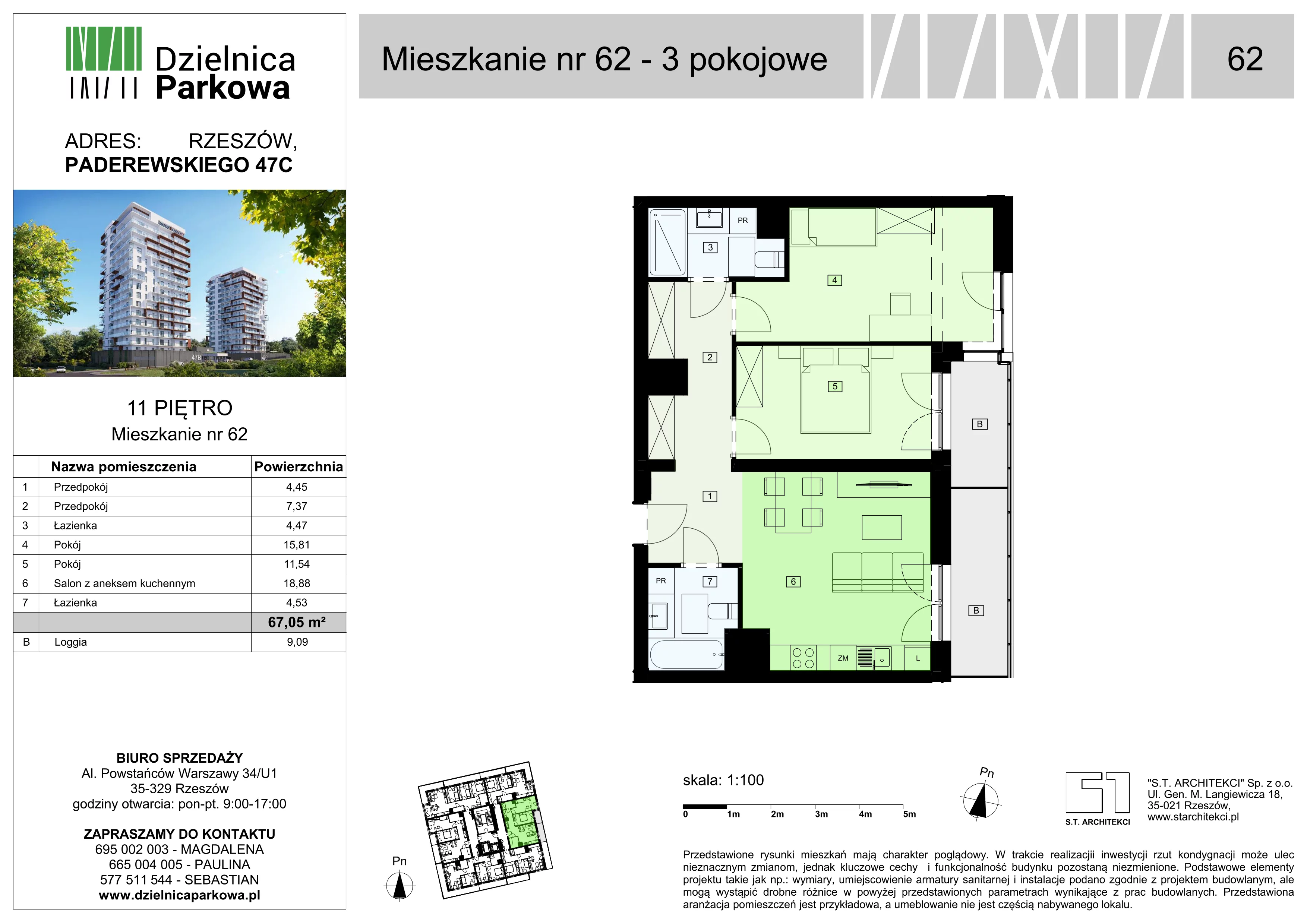 3 pokoje, mieszkanie 67,05 m², piętro 11, oferta nr 62/B8, Dzielnica Parkowa, Rzeszów, Słocina, ul. Ignacego Paderewskiego 47
