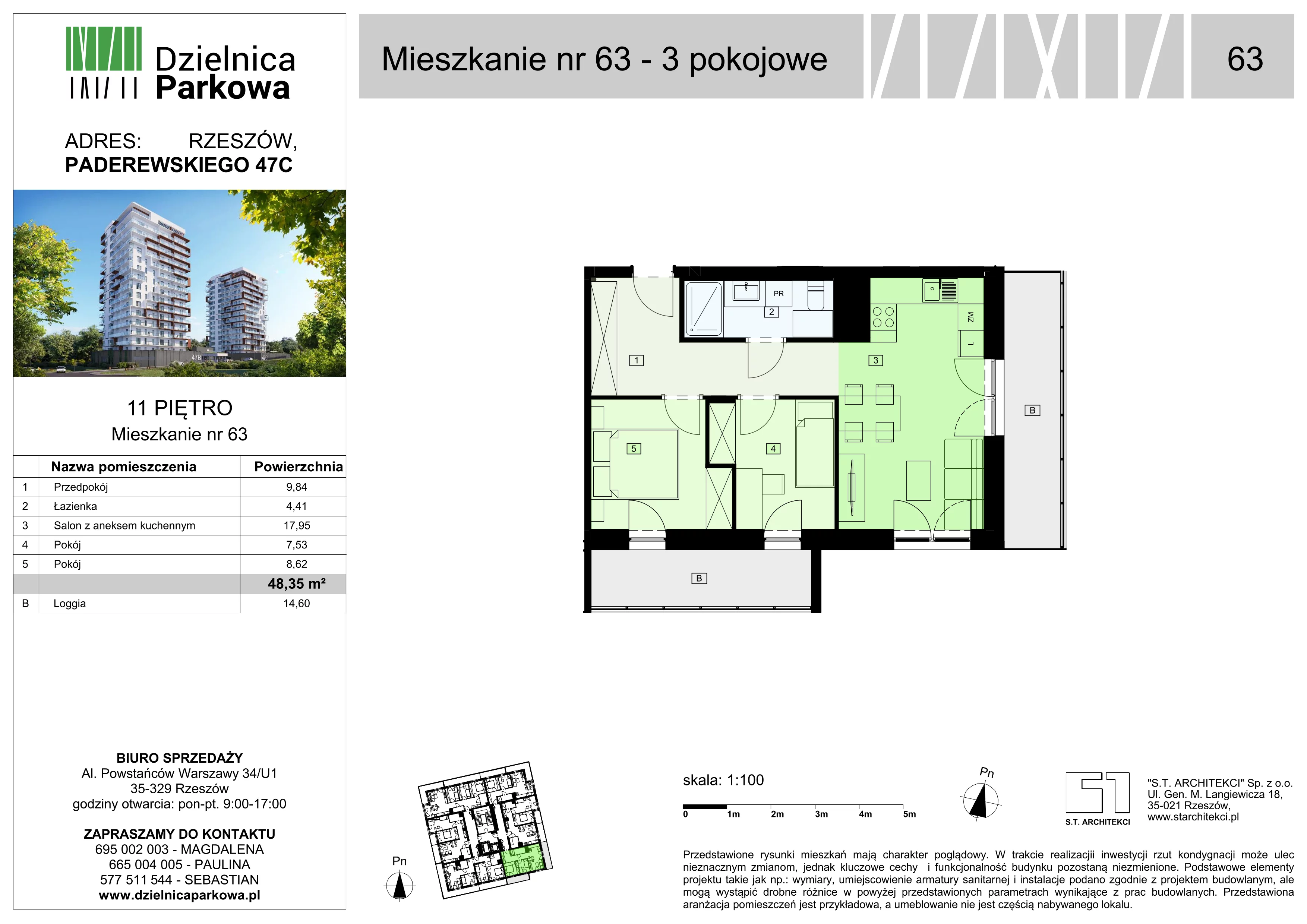 3 pokoje, mieszkanie 48,59 m², piętro 11, oferta nr 63/B8, Dzielnica Parkowa, Rzeszów, Słocina, ul. Ignacego Paderewskiego 47