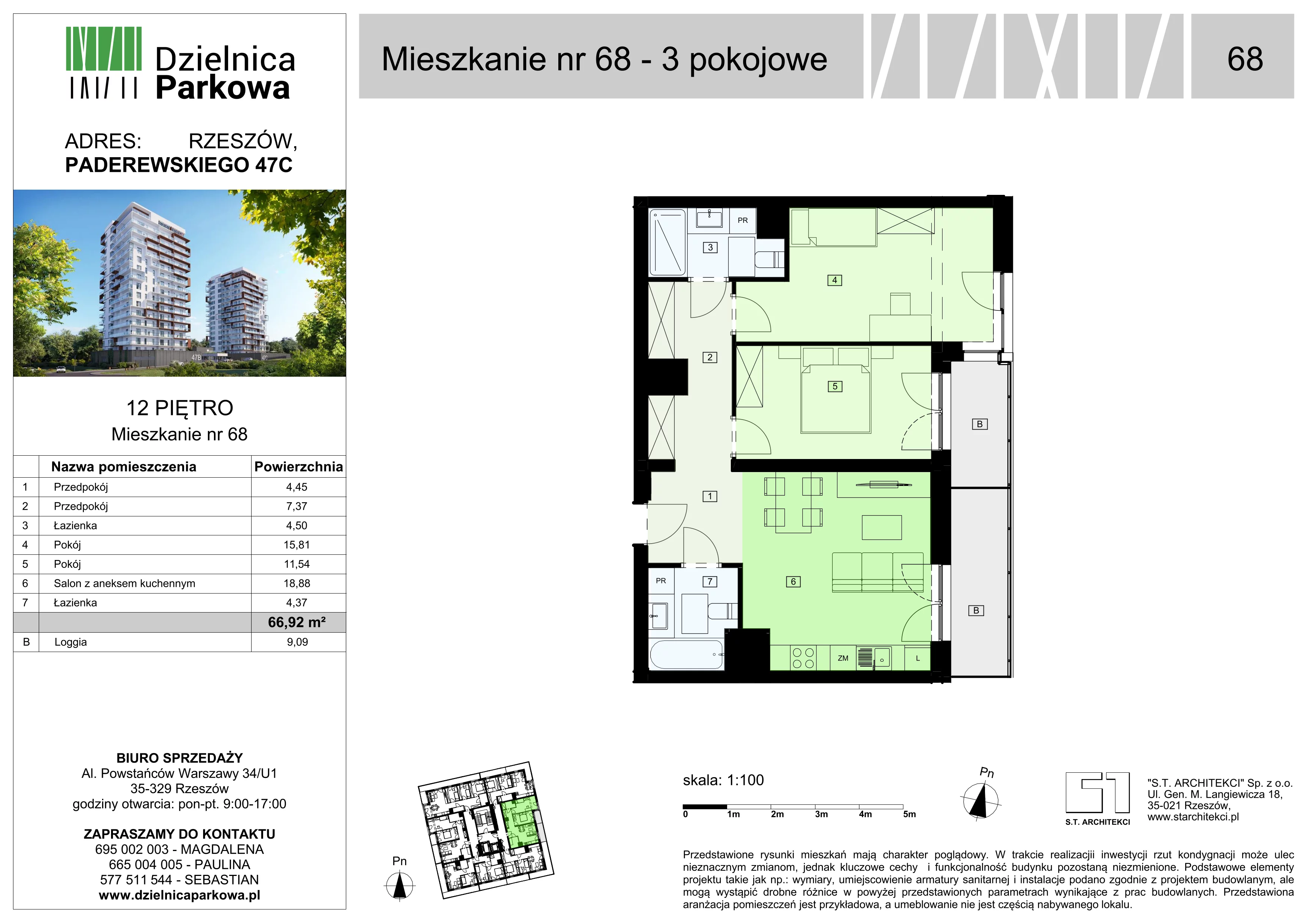 3 pokoje, mieszkanie 66,92 m², piętro 12, oferta nr 68/B8, Dzielnica Parkowa, Rzeszów, Słocina, ul. Ignacego Paderewskiego 47