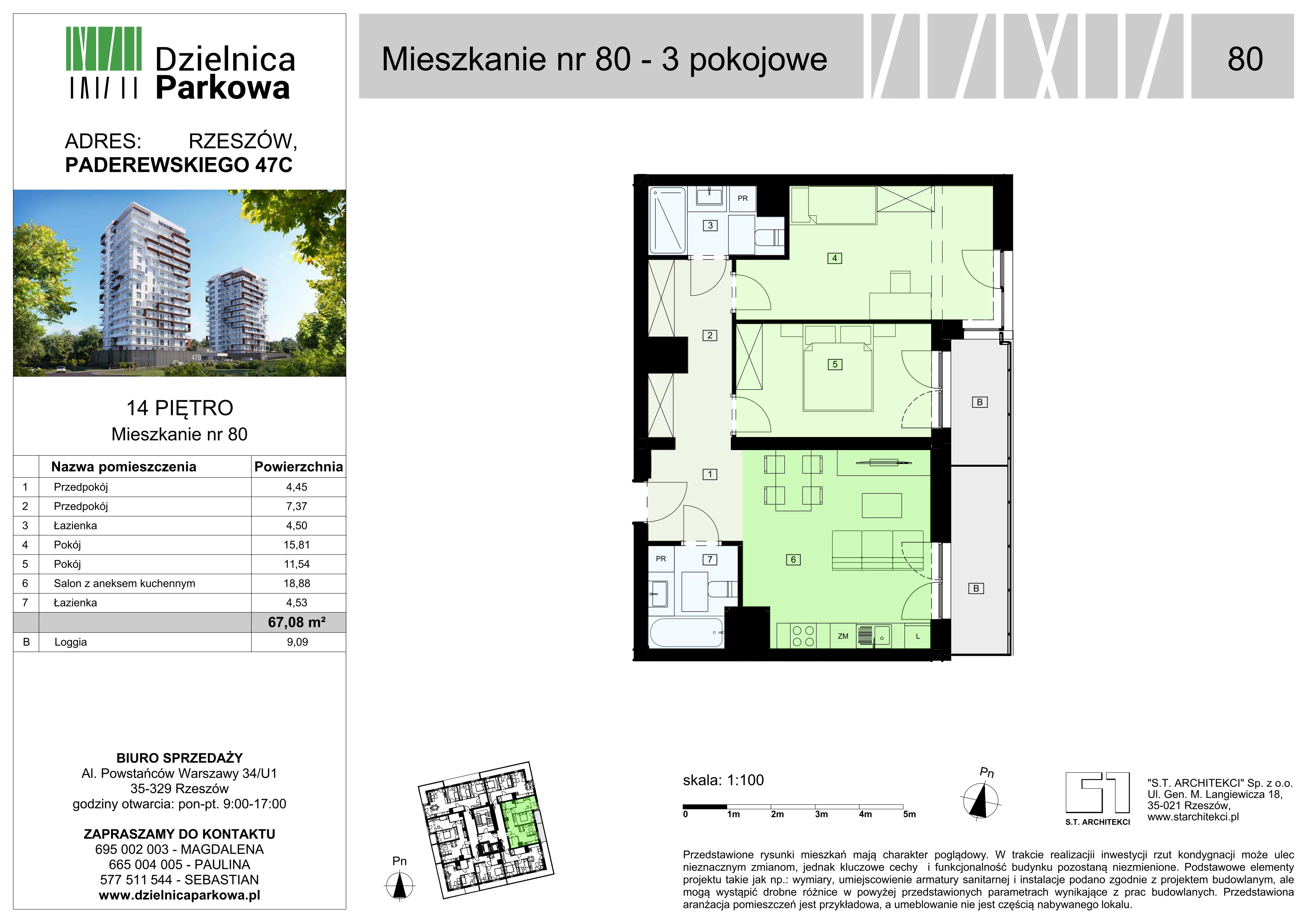 3 pokoje, mieszkanie 67,08 m², piętro 14, oferta nr 80/B8, Dzielnica Parkowa, Rzeszów, Słocina, ul. Ignacego Paderewskiego 47