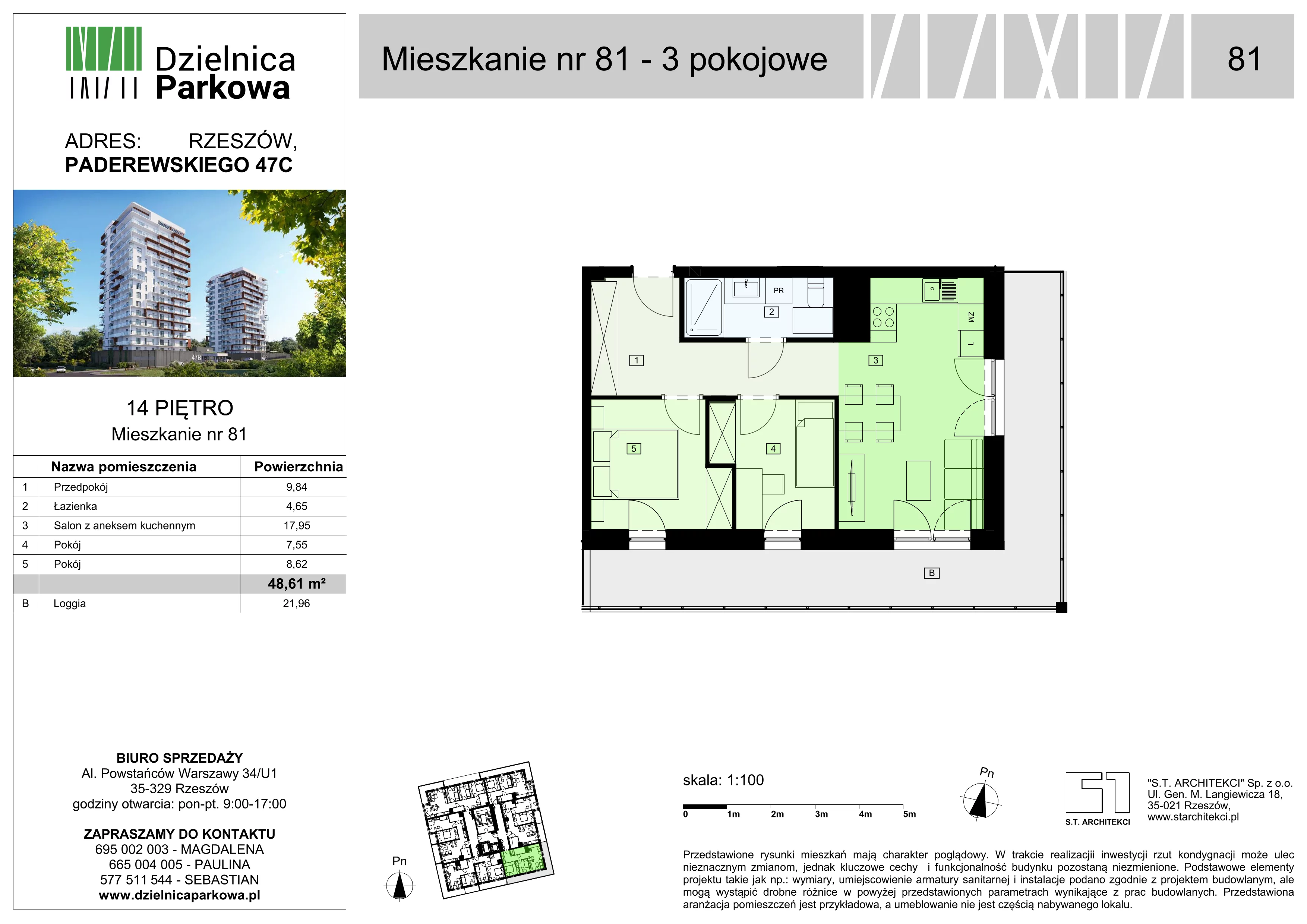 3 pokoje, mieszkanie 48,61 m², piętro 14, oferta nr 81/B8, Dzielnica Parkowa, Rzeszów, Słocina, ul. Ignacego Paderewskiego 47