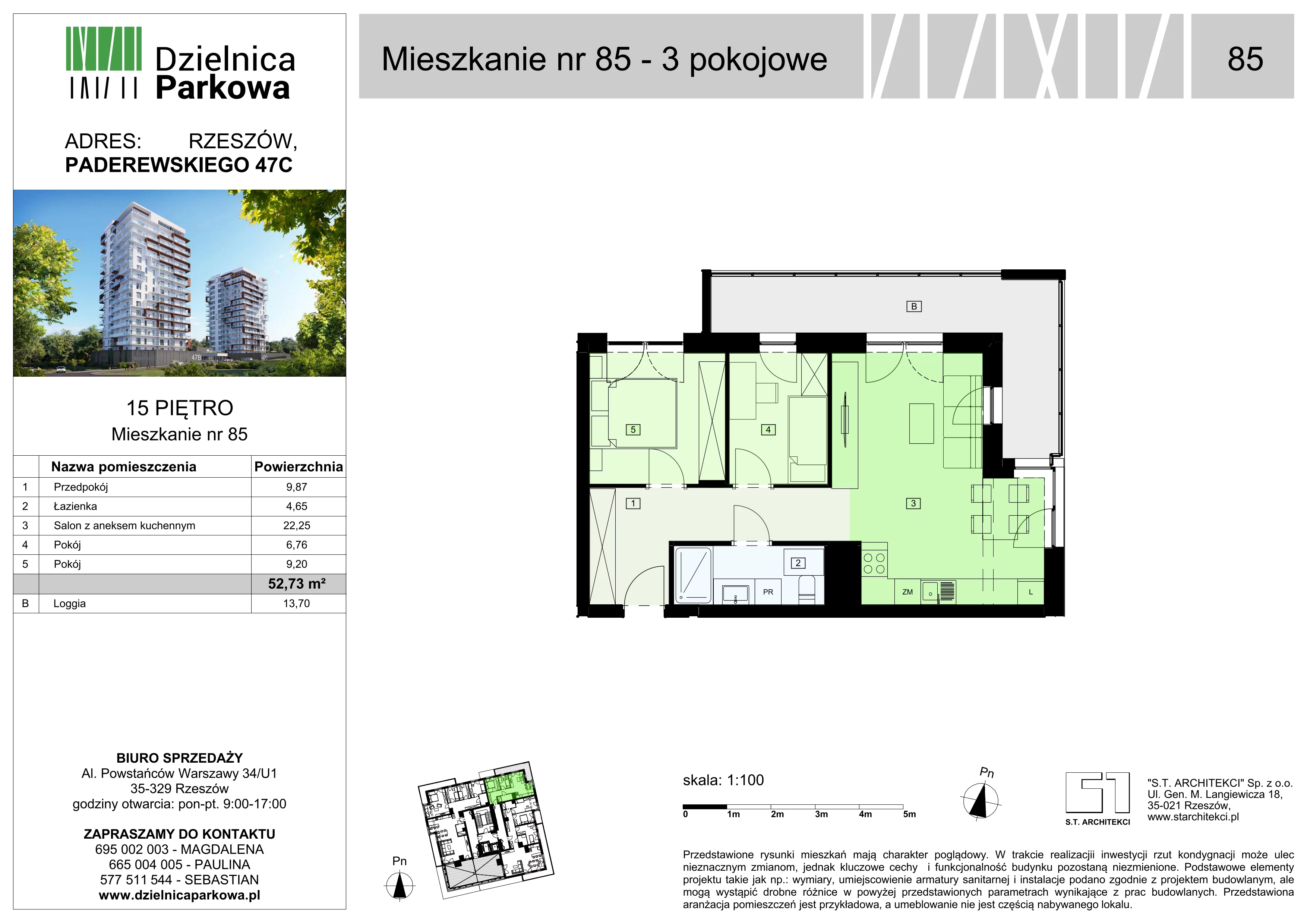 3 pokoje, mieszkanie 52,73 m², piętro 15, oferta nr 85/B8, Dzielnica Parkowa, Rzeszów, Słocina, ul. Ignacego Paderewskiego 47