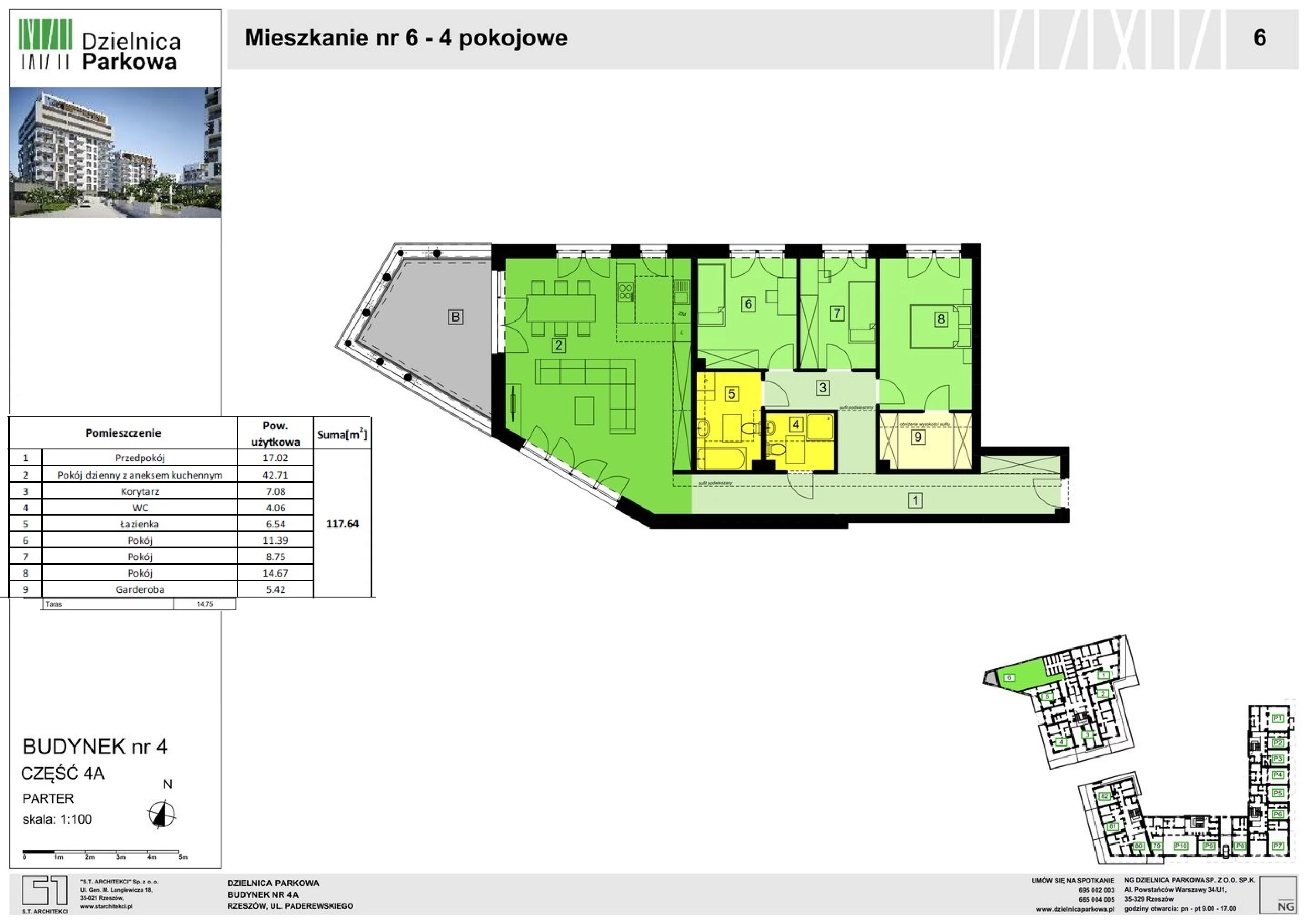 4 pokoje, mieszkanie 117,64 m², parter, oferta nr 6/4A, Dzielnica Parkowa, Rzeszów, Słocina, ul. Ignacego Paderewskiego 47