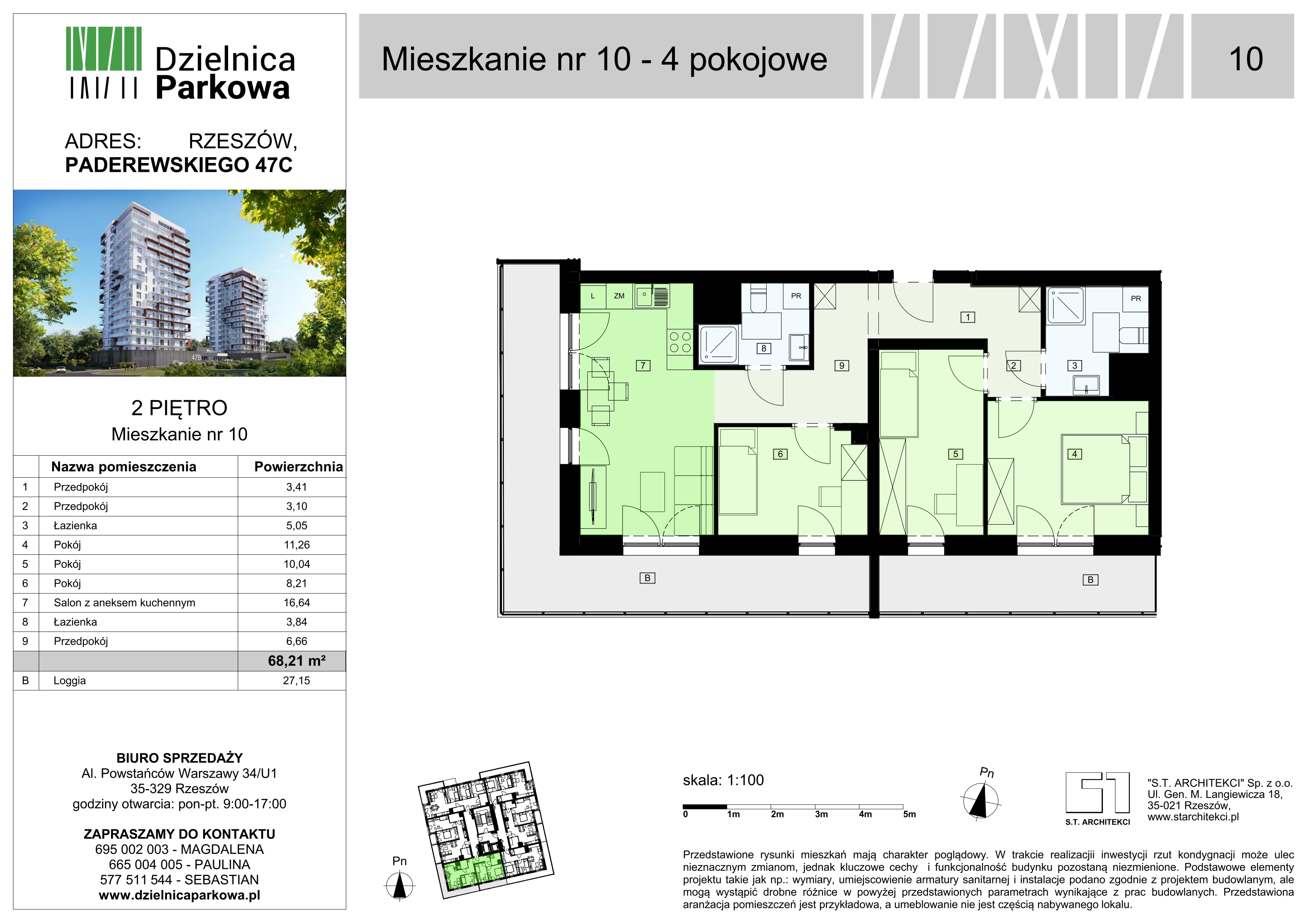 4 pokoje, mieszkanie 68,21 m², piętro 2, oferta nr 10/B8, Dzielnica Parkowa, Rzeszów, Słocina, ul. Ignacego Paderewskiego 47