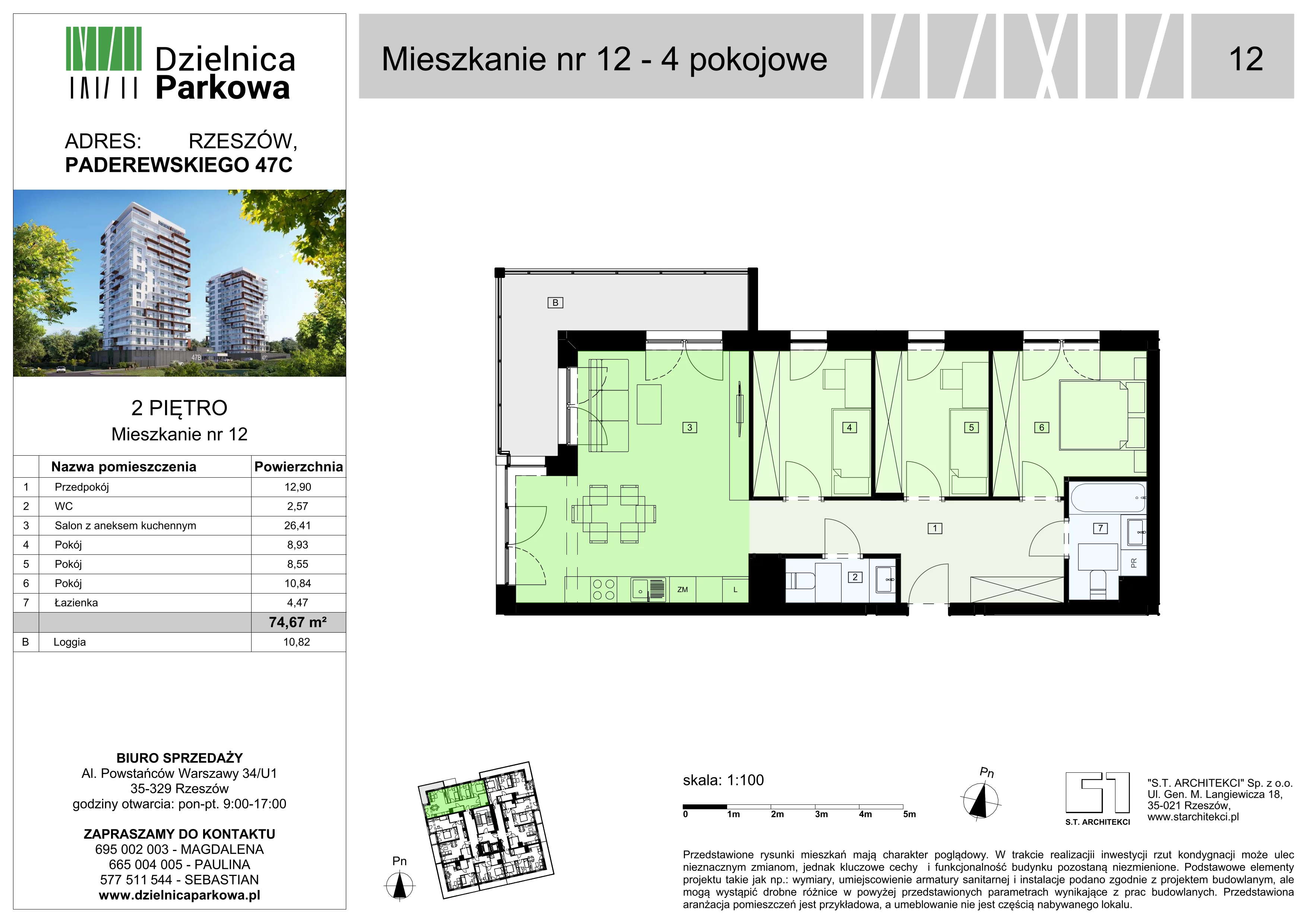 4 pokoje, mieszkanie 74,67 m², piętro 2, oferta nr 12/B8, Dzielnica Parkowa, Rzeszów, Słocina, ul. Ignacego Paderewskiego 47