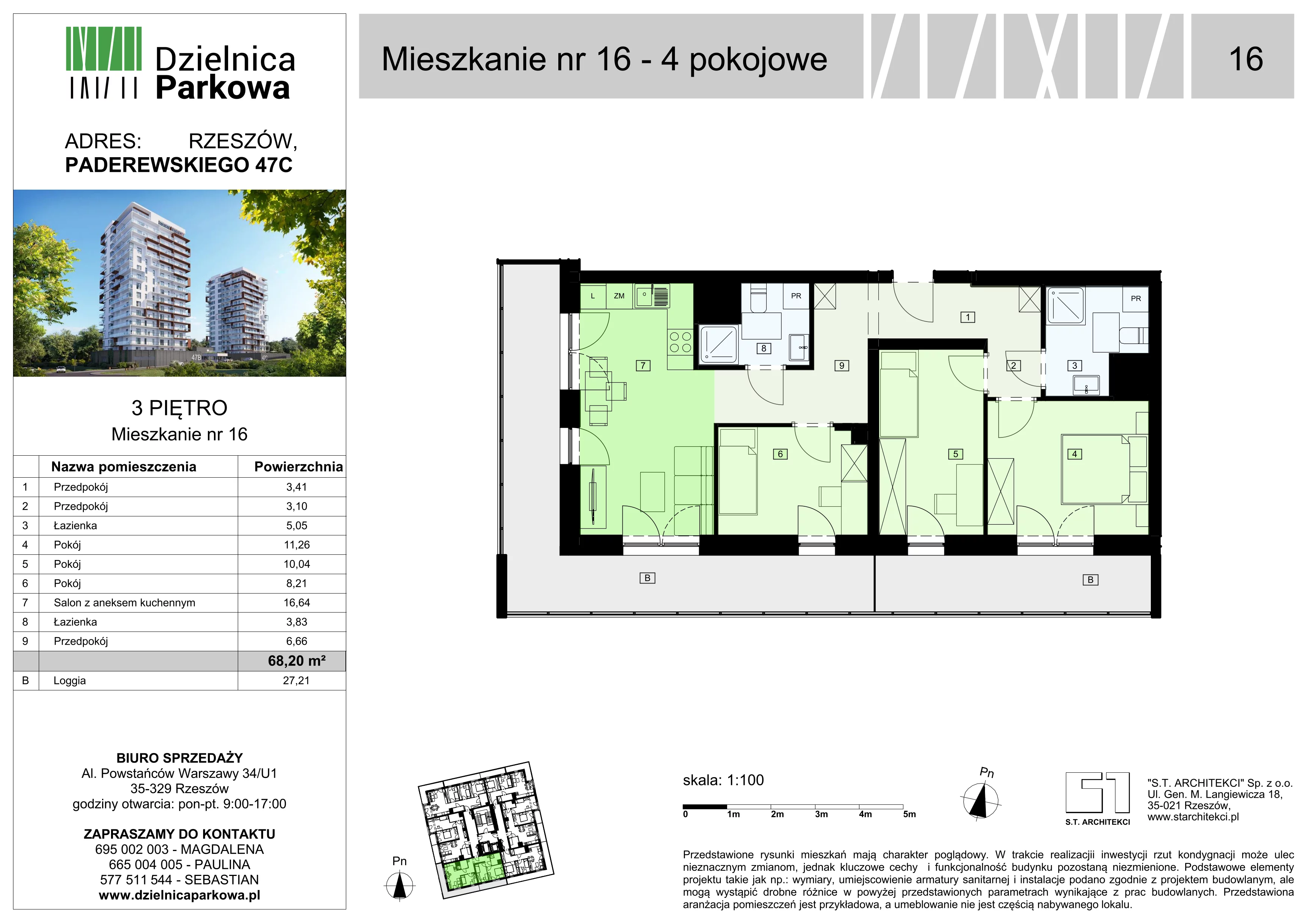 4 pokoje, mieszkanie 68,20 m², piętro 3, oferta nr 16/B8, Dzielnica Parkowa, Rzeszów, Słocina, ul. Ignacego Paderewskiego 47