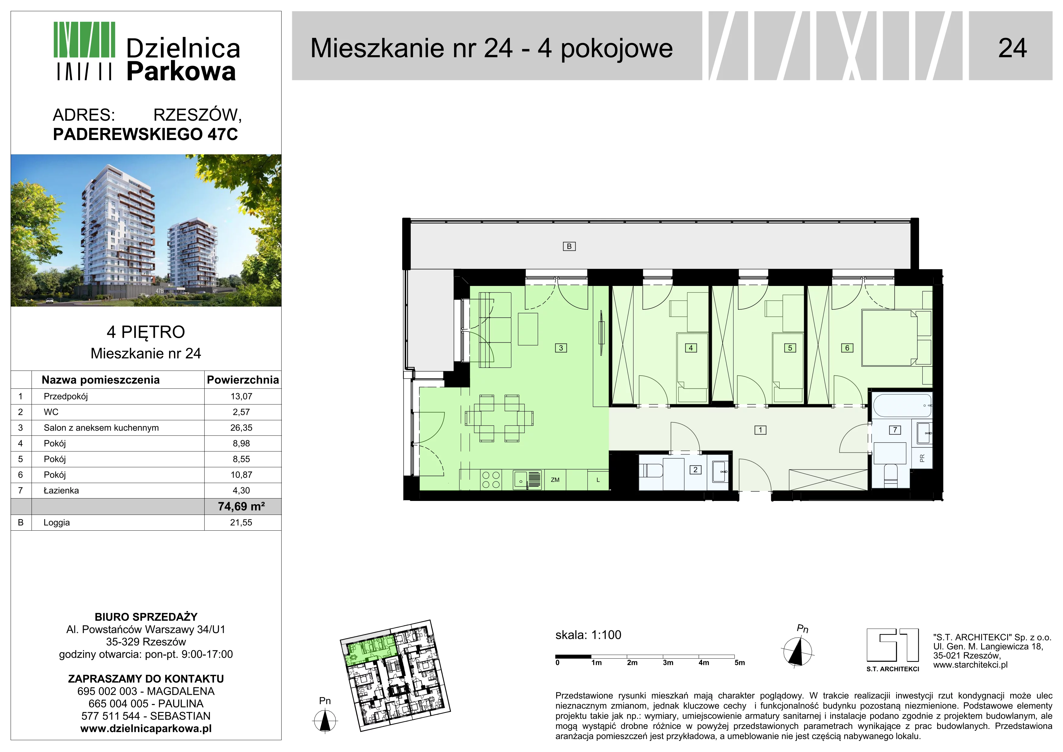 4 pokoje, mieszkanie 74,69 m², piętro 4, oferta nr 24/B8, Dzielnica Parkowa, Rzeszów, Słocina, ul. Ignacego Paderewskiego 47