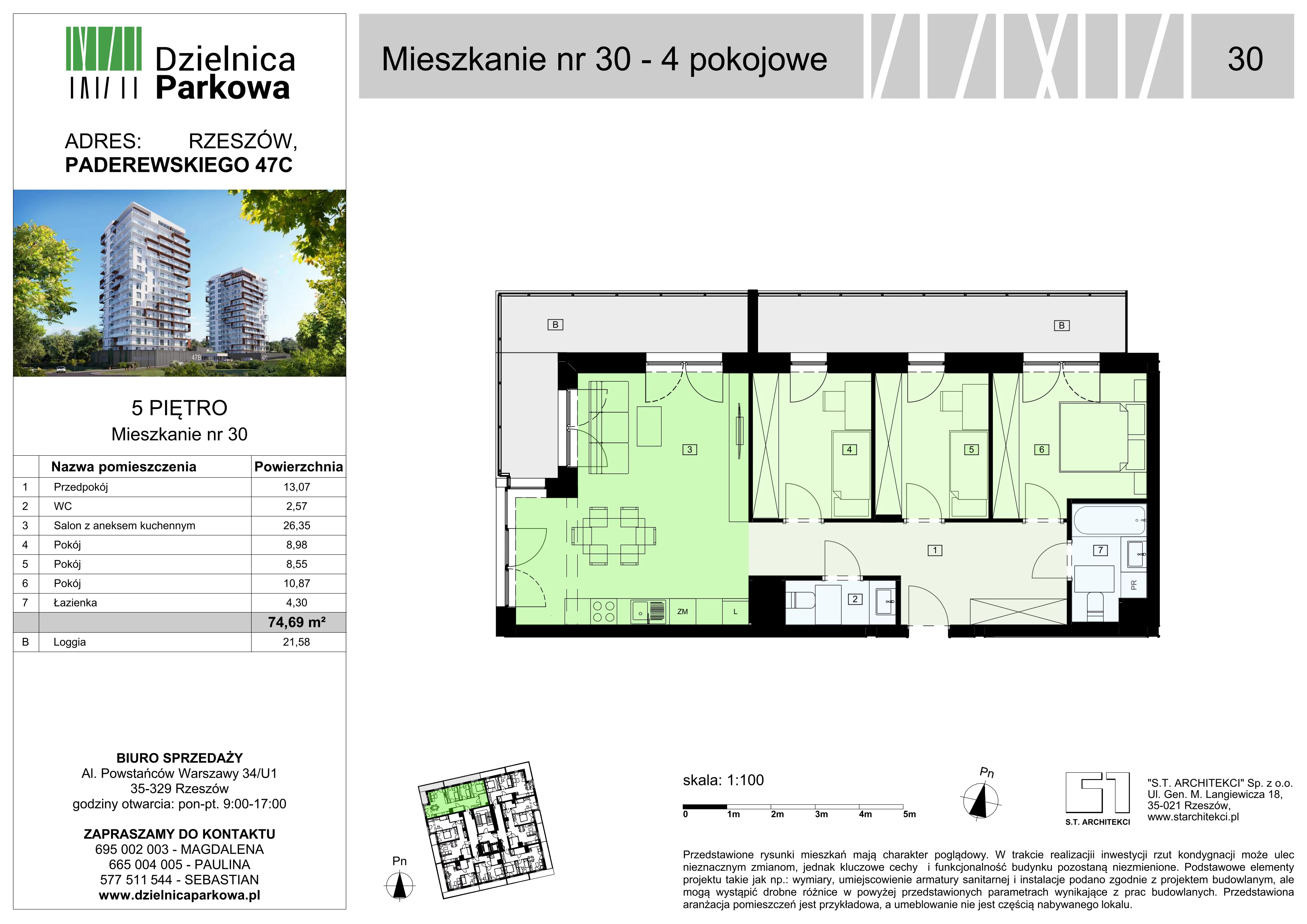 4 pokoje, mieszkanie 74,69 m², piętro 5, oferta nr 30/B8, Dzielnica Parkowa, Rzeszów, Słocina, ul. Ignacego Paderewskiego 47
