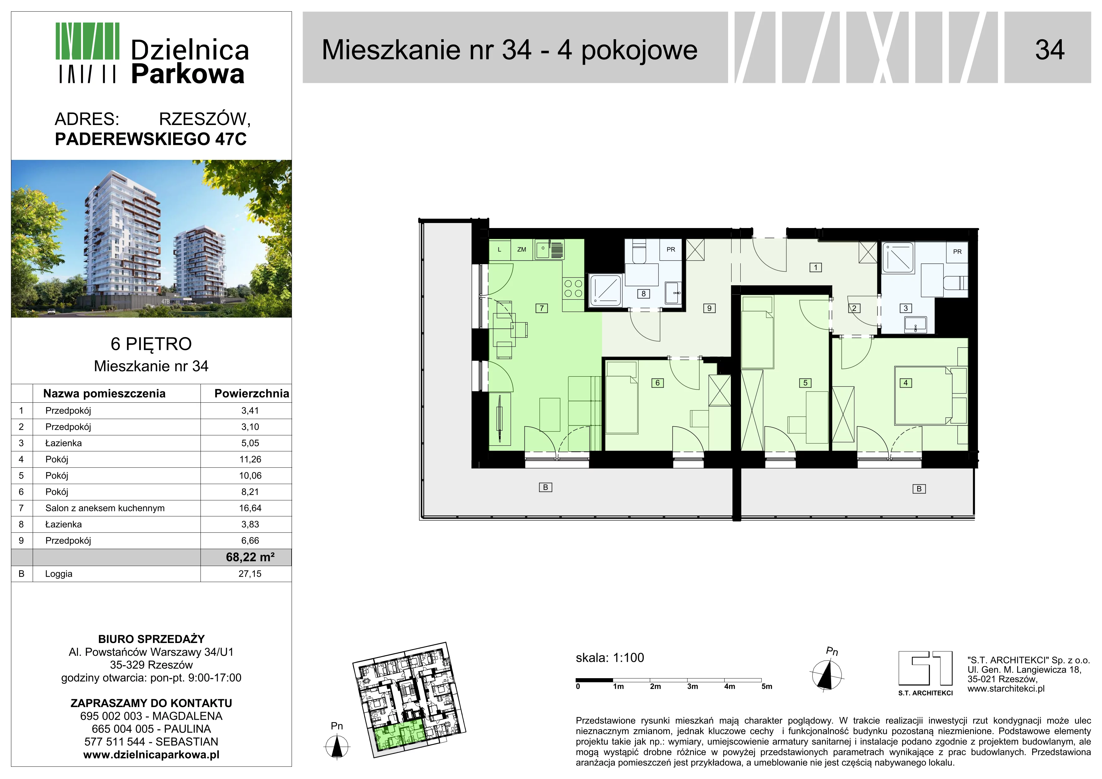 4 pokoje, mieszkanie 68,22 m², piętro 6, oferta nr 34/B8, Dzielnica Parkowa, Rzeszów, Słocina, ul. Ignacego Paderewskiego 47