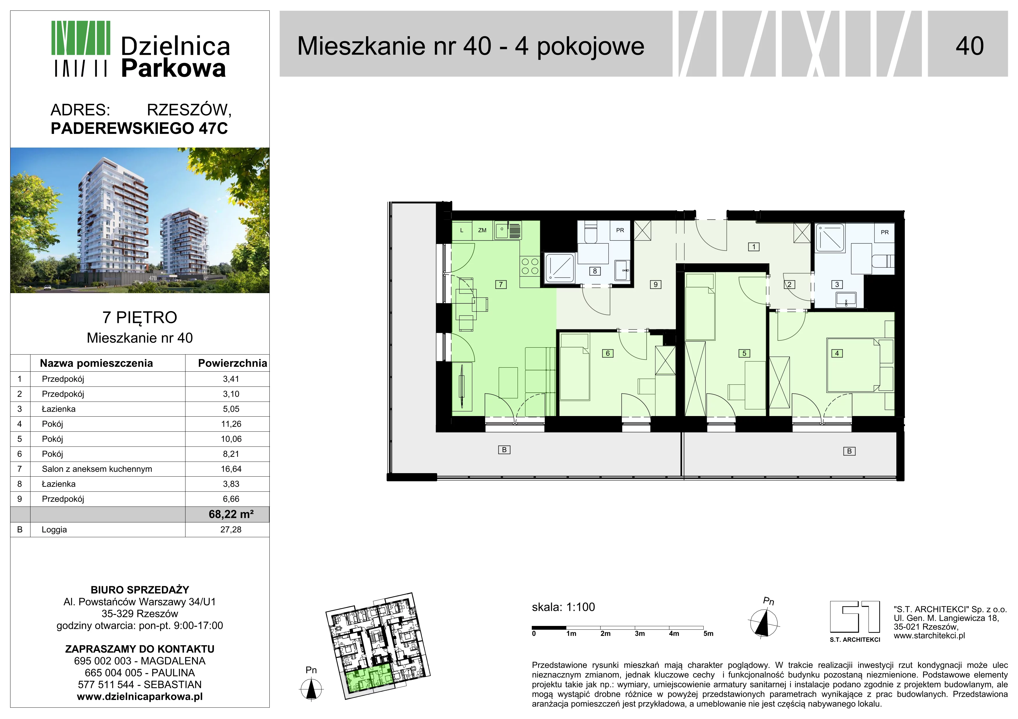 4 pokoje, mieszkanie 68,22 m², piętro 7, oferta nr 40/B8, Dzielnica Parkowa, Rzeszów, Słocina, ul. Ignacego Paderewskiego 47