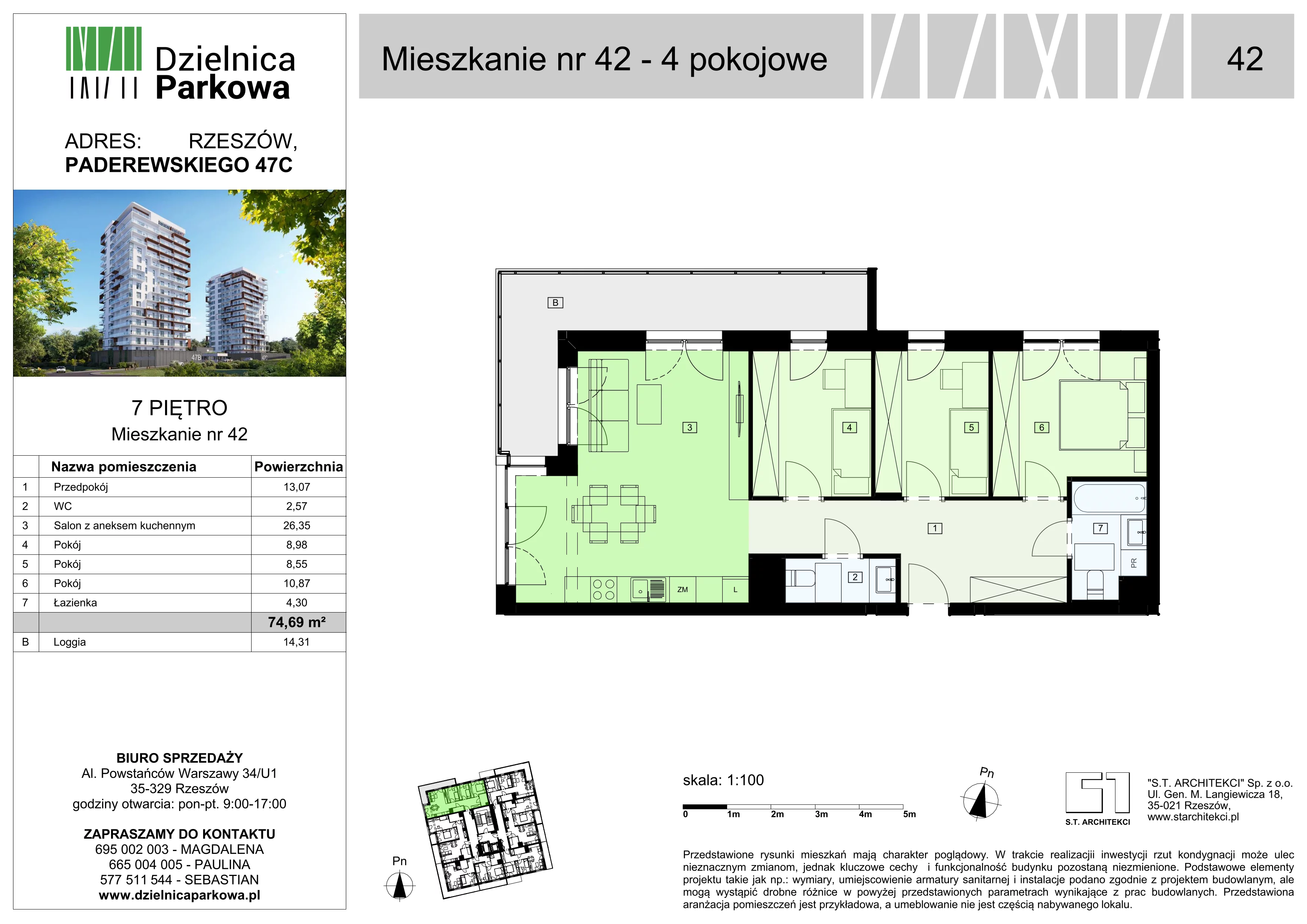 4 pokoje, mieszkanie 74,69 m², piętro 7, oferta nr 42/B8, Dzielnica Parkowa, Rzeszów, Słocina, ul. Ignacego Paderewskiego 47