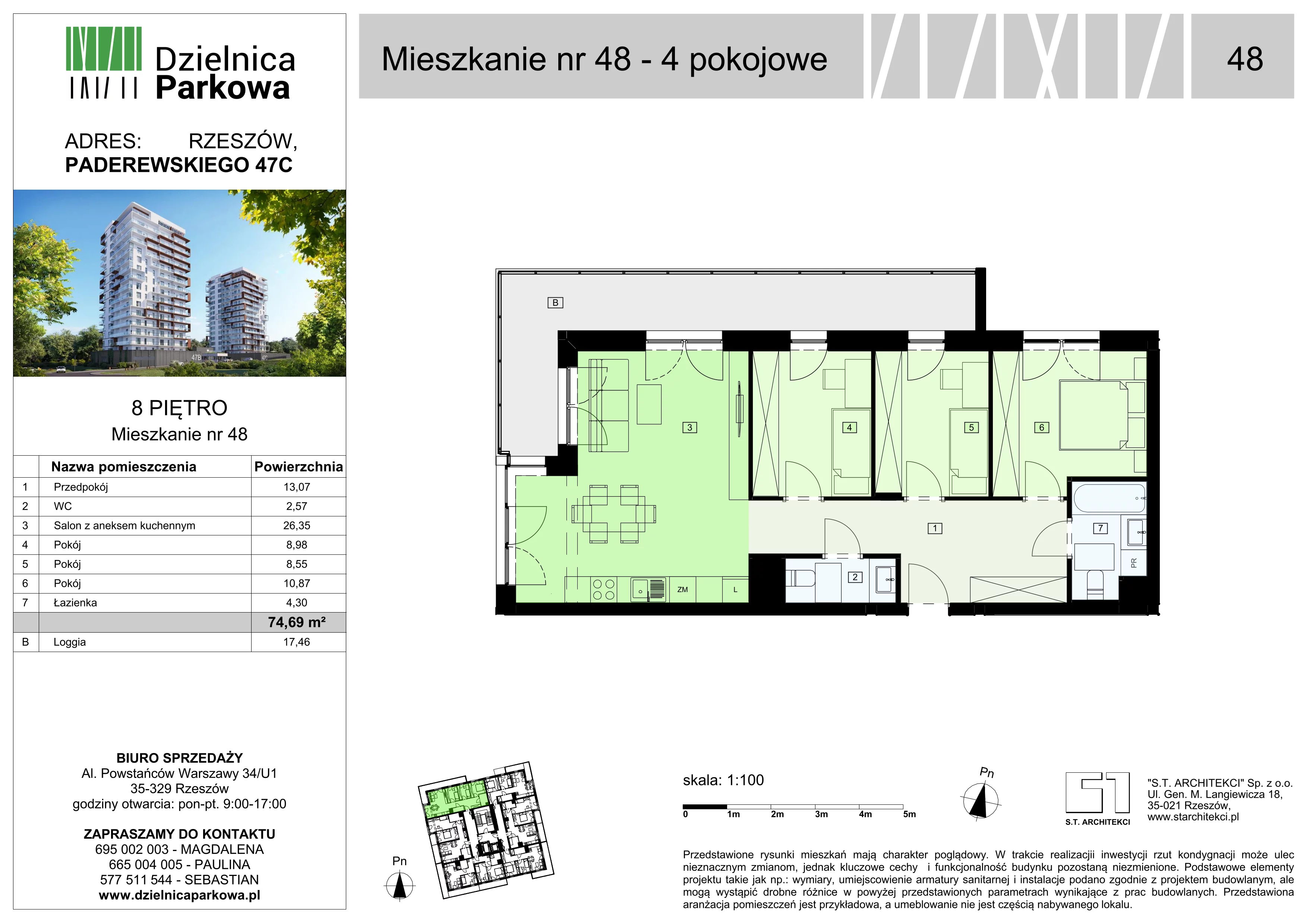 4 pokoje, mieszkanie 74,69 m², piętro 8, oferta nr 48/B8, Dzielnica Parkowa, Rzeszów, Słocina, ul. Ignacego Paderewskiego 47