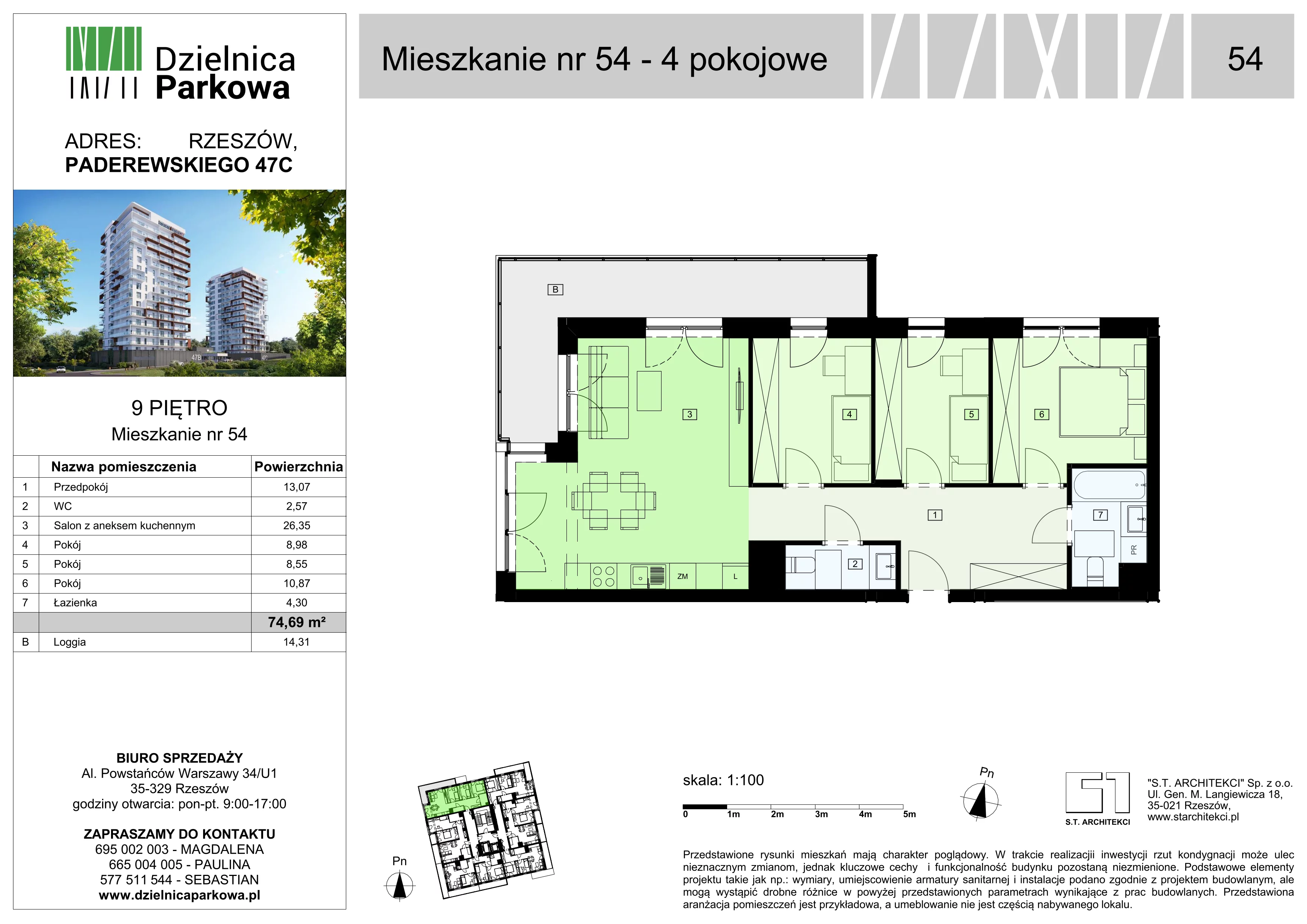 4 pokoje, mieszkanie 74,69 m², piętro 9, oferta nr 54/B8, Dzielnica Parkowa, Rzeszów, Słocina, ul. Ignacego Paderewskiego 47
