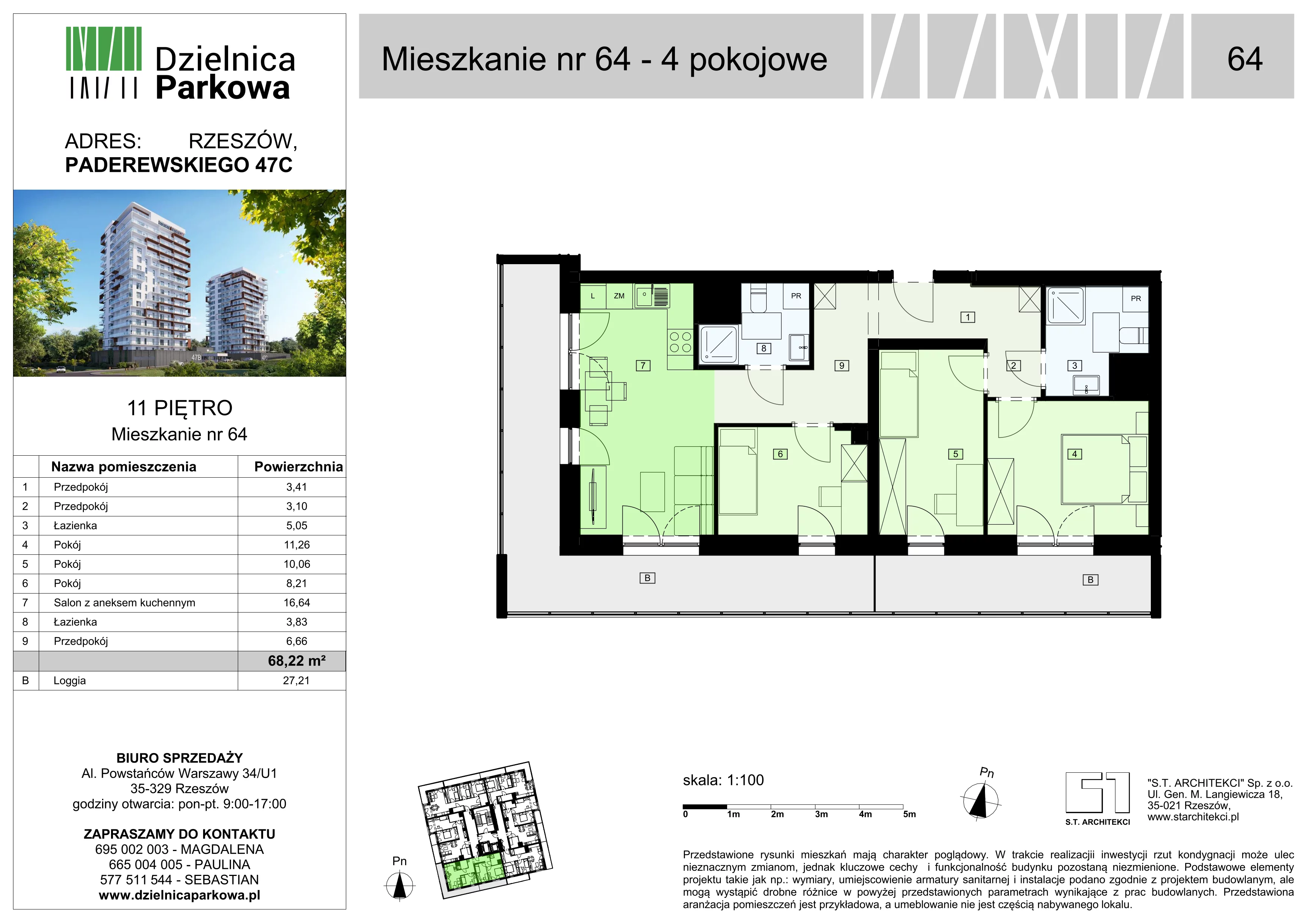4 pokoje, mieszkanie 68,22 m², piętro 11, oferta nr 64/B8, Dzielnica Parkowa, Rzeszów, Słocina, ul. Ignacego Paderewskiego 47