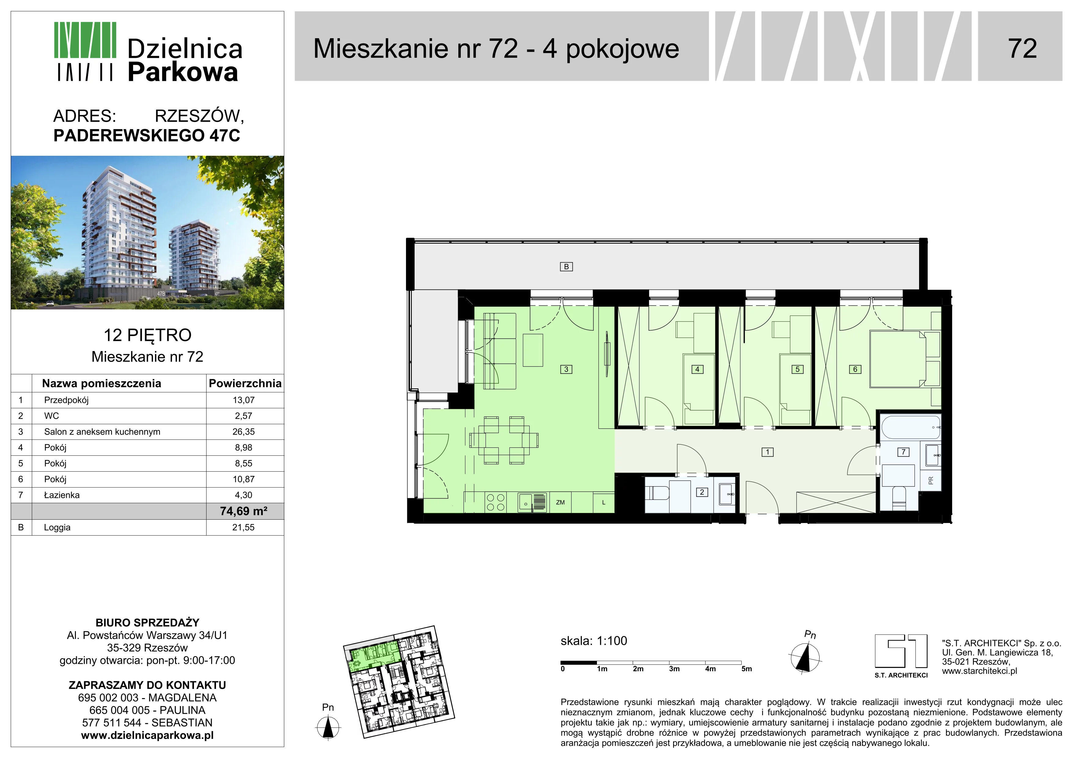4 pokoje, mieszkanie 74,69 m², piętro 12, oferta nr 72/B8, Dzielnica Parkowa, Rzeszów, Słocina, ul. Ignacego Paderewskiego 47