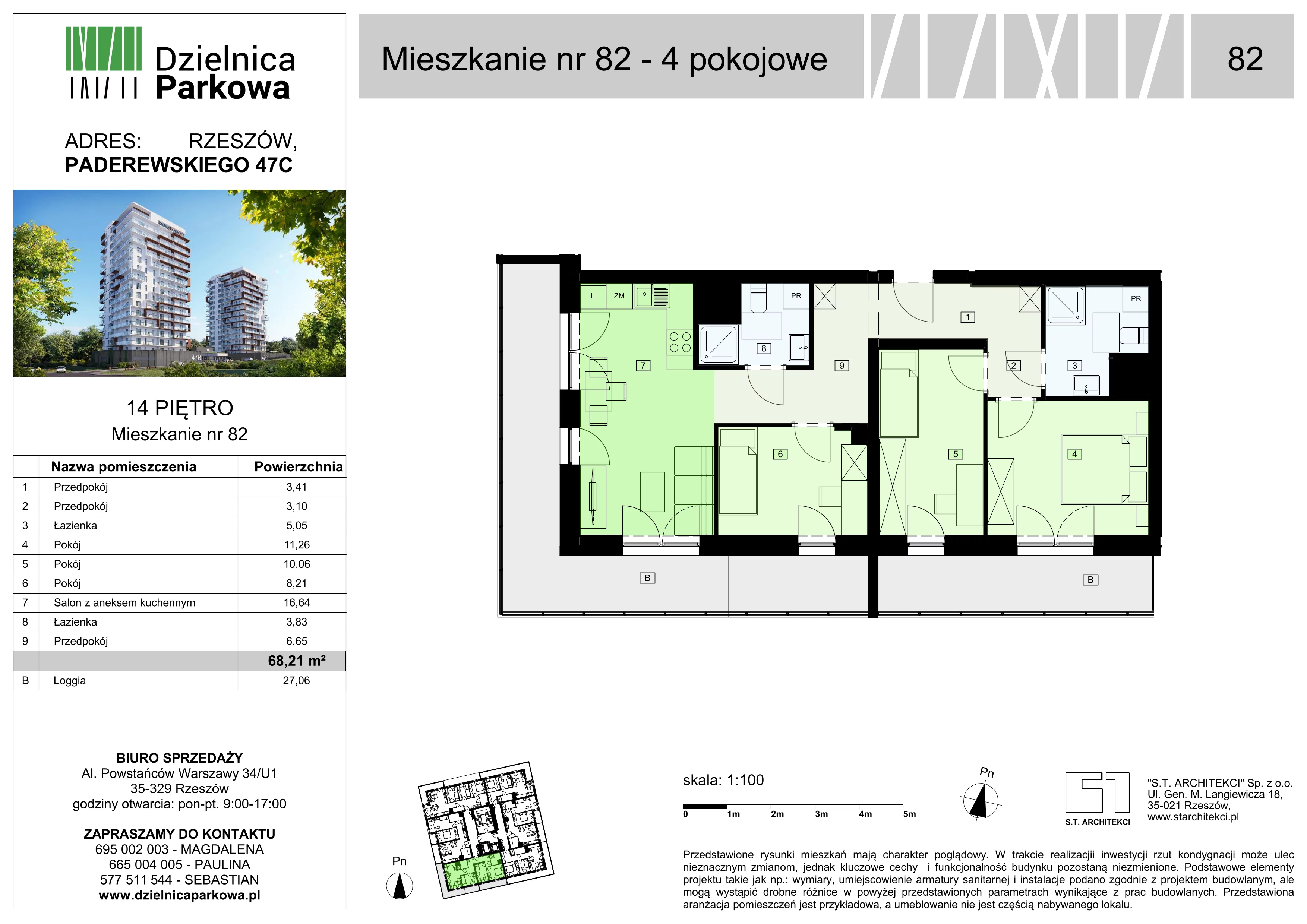 4 pokoje, mieszkanie 68,21 m², piętro 14, oferta nr 82/B8, Dzielnica Parkowa, Rzeszów, Słocina, ul. Ignacego Paderewskiego 47
