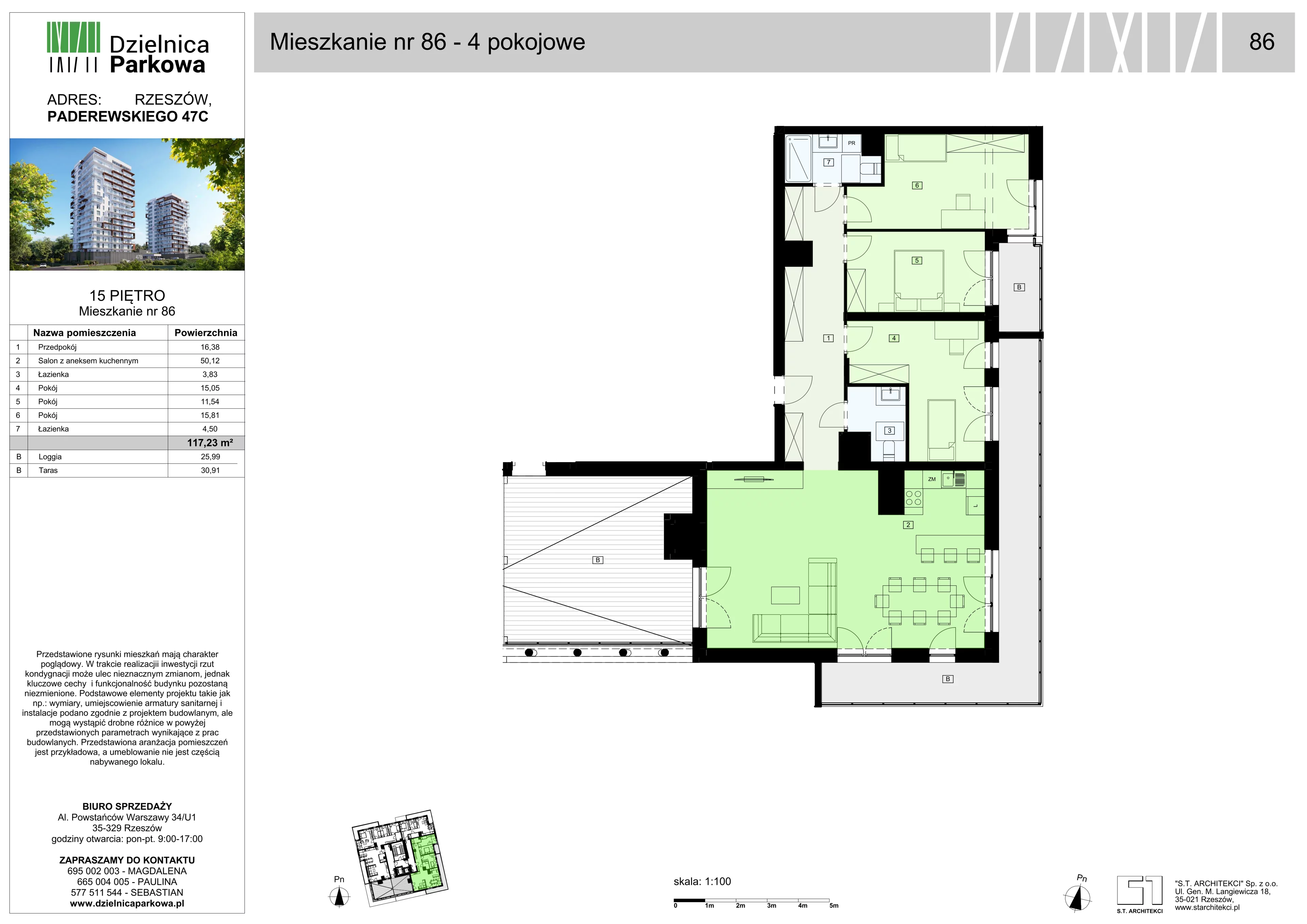 4 pokoje, mieszkanie 117,23 m², piętro 15, oferta nr 86/B8, Dzielnica Parkowa, Rzeszów, Słocina, ul. Ignacego Paderewskiego 47