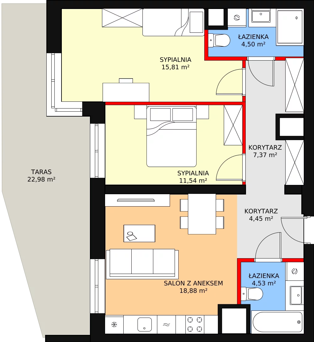 Nowe mieszkanie, 66,90 m², 3 pokoje, 1 piętro, oferta nr 5/B7