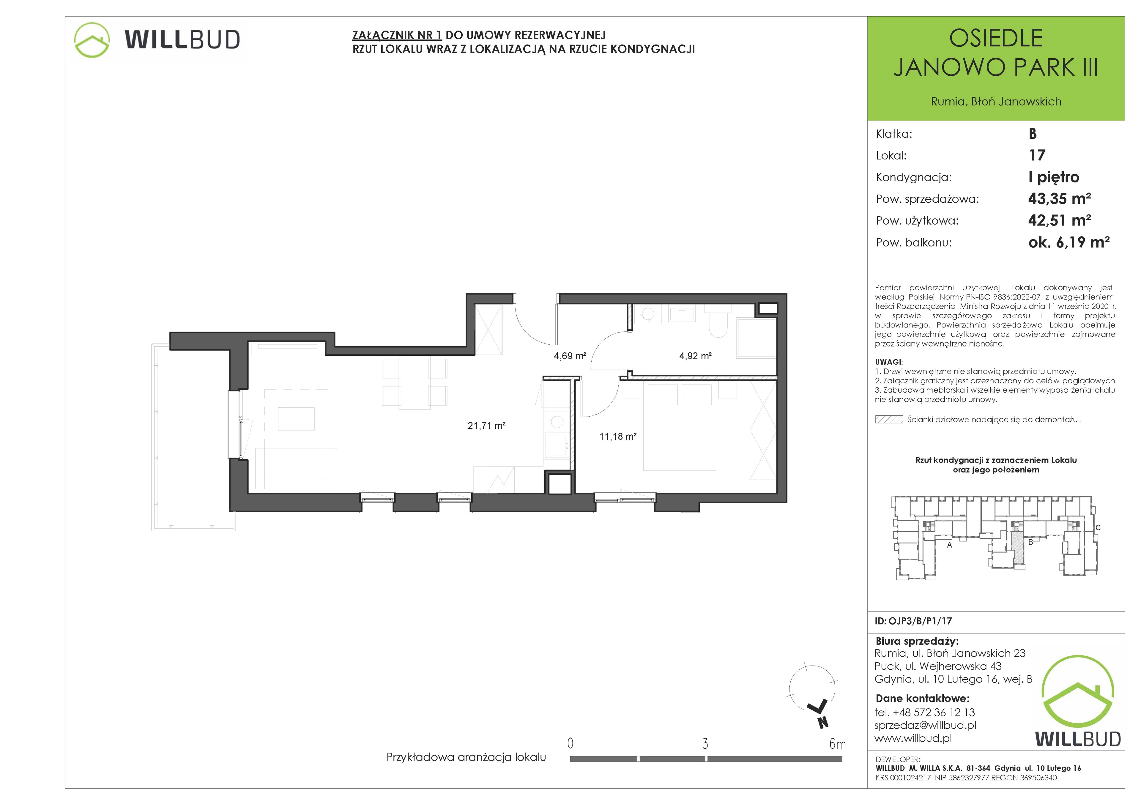 2 pokoje, mieszkanie 43,35 m², piętro 1, oferta nr OJP3/B/P1/17, Osiedle Janowo Park III - etap B i C , Rumia, Janowo,  ul. Błoń Janowskich