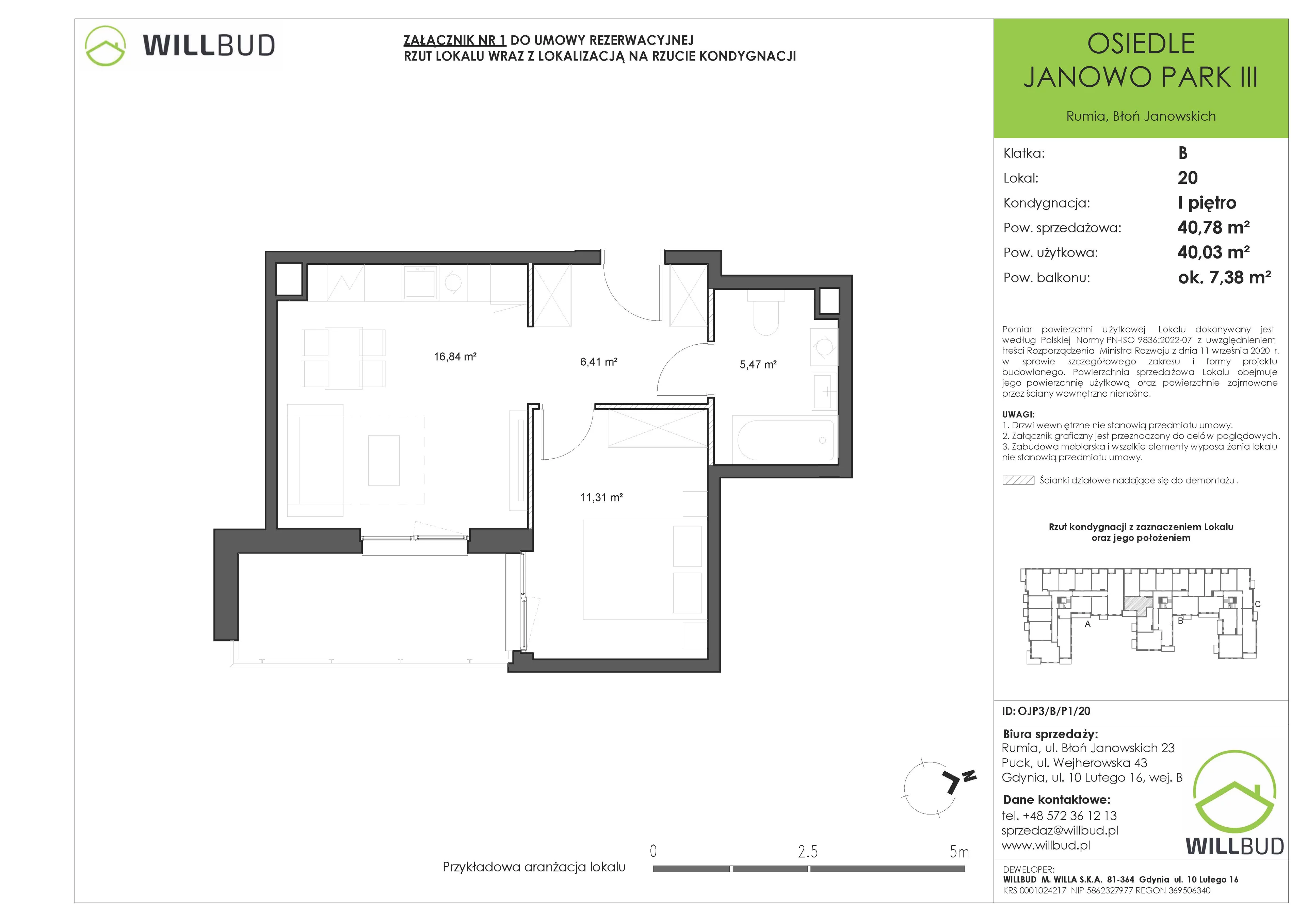 2 pokoje, mieszkanie 40,78 m², piętro 1, oferta nr OJP3/B/P1/20, Osiedle Janowo Park III - etap B i C , Rumia, Janowo,  ul. Błoń Janowskich