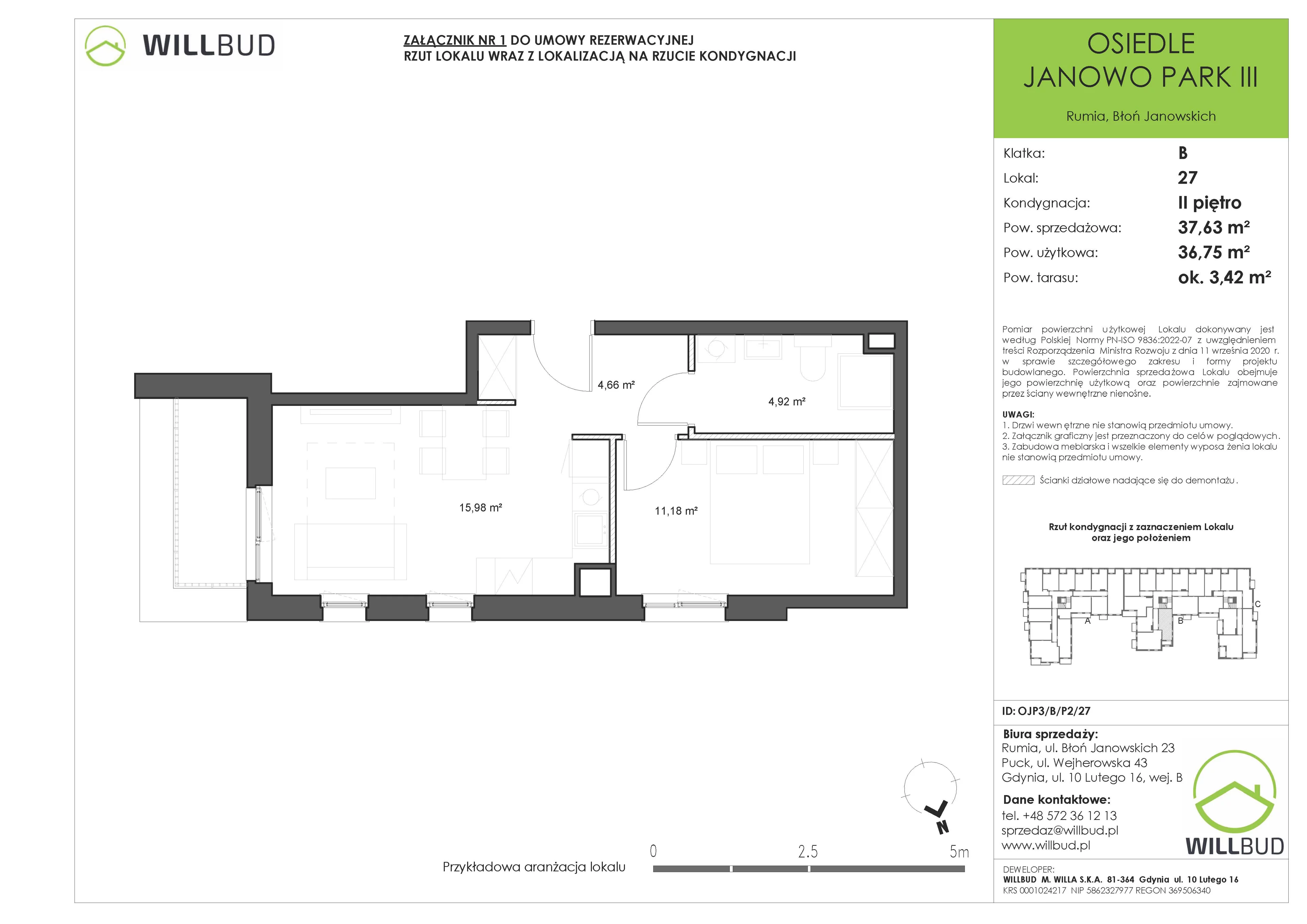 2 pokoje, mieszkanie 37,63 m², piętro 2, oferta nr OJP3/B/P2/27, Osiedle Janowo Park III - etap B i C , Rumia, Janowo,  ul. Błoń Janowskich