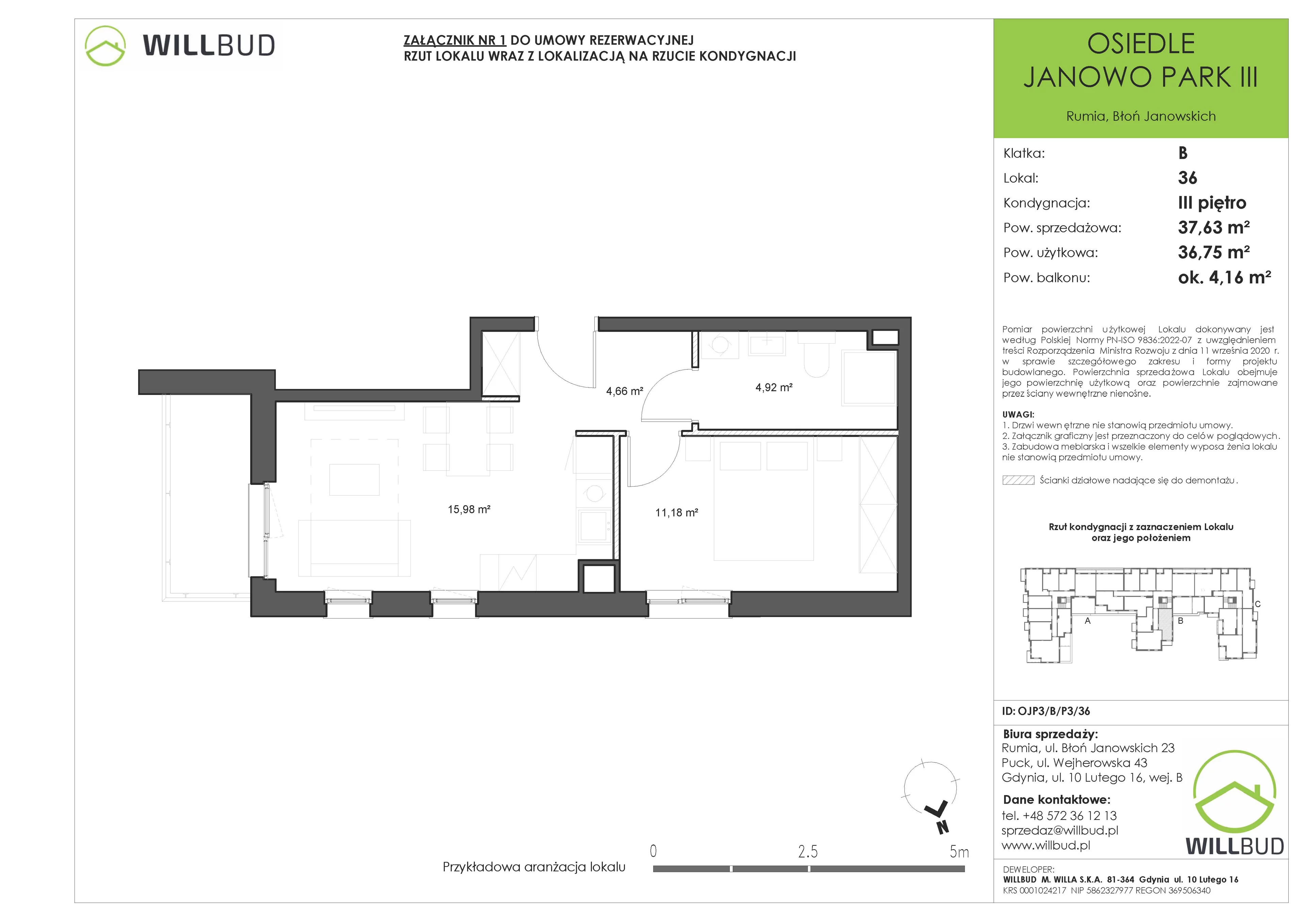 2 pokoje, mieszkanie 37,63 m², piętro 3, oferta nr OJP3/B/P3/36, Osiedle Janowo Park III - etap B i C , Rumia, Janowo,  ul. Błoń Janowskich