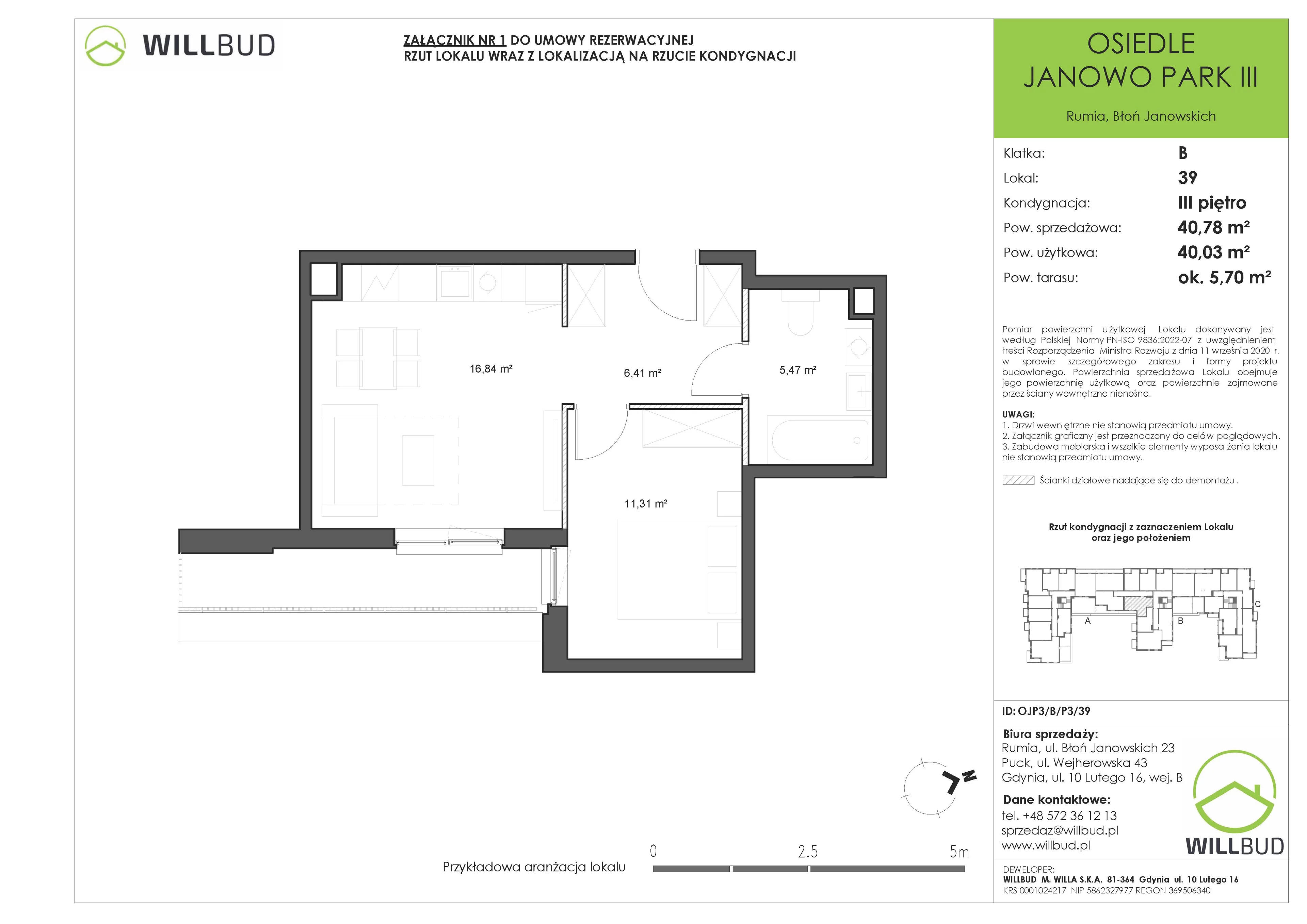 2 pokoje, mieszkanie 40,78 m², piętro 3, oferta nr OJP3/B/P3/39, Osiedle Janowo Park III - etap B i C , Rumia, Janowo,  ul. Błoń Janowskich