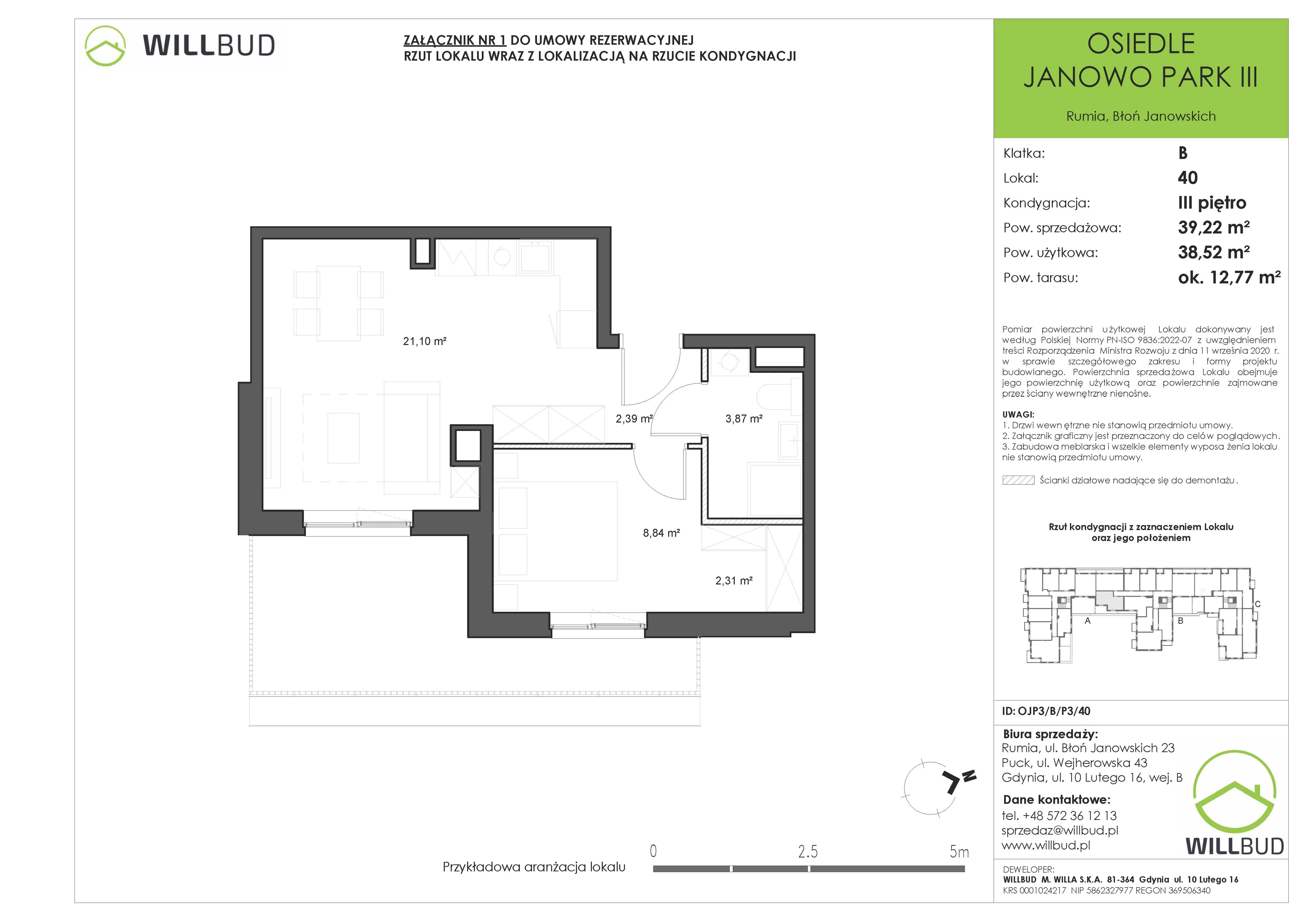 2 pokoje, mieszkanie 39,22 m², piętro 3, oferta nr OJP3/B/P3/40, Osiedle Janowo Park III - etap B i C , Rumia, Janowo,  ul. Błoń Janowskich